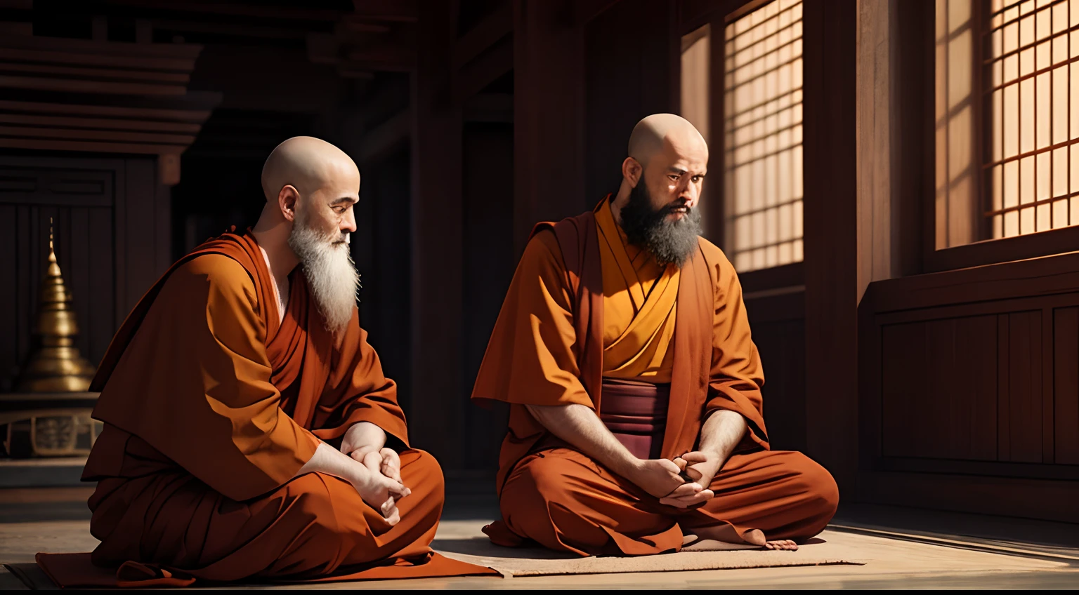 realistic, Buddhist monk, 80s, looking at 30s man sitting, hands clasped, dark orange clothing, long beard, in a temple, 4k