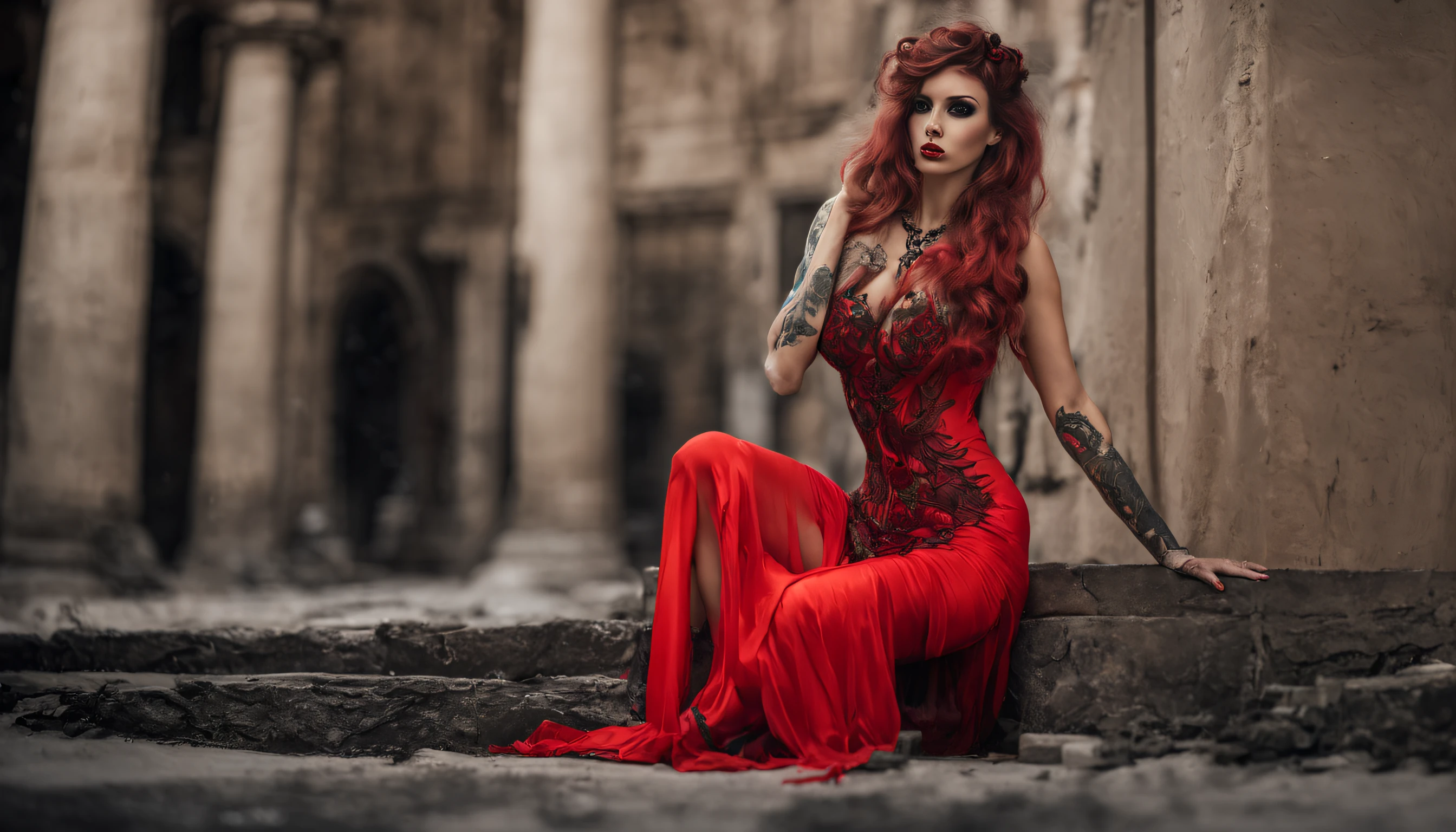 An attractive and provocative evil fallen angel tattooed Russian female with massive tits naked, con grandes alas angelicales de color rojo y negro, pelo rojo largo y suelto mecido por el aire, pose atractiva y provocativa, pale thin,vestido corto y suelto de color oscuro, con transparencias, vaina expuesta, oficial militar, sentado en el suelo en movimiento por las calles en ruinas de una ciudad apocaliptica en llamas, rodeada por el humo y la niebla, tras una gran batalla.