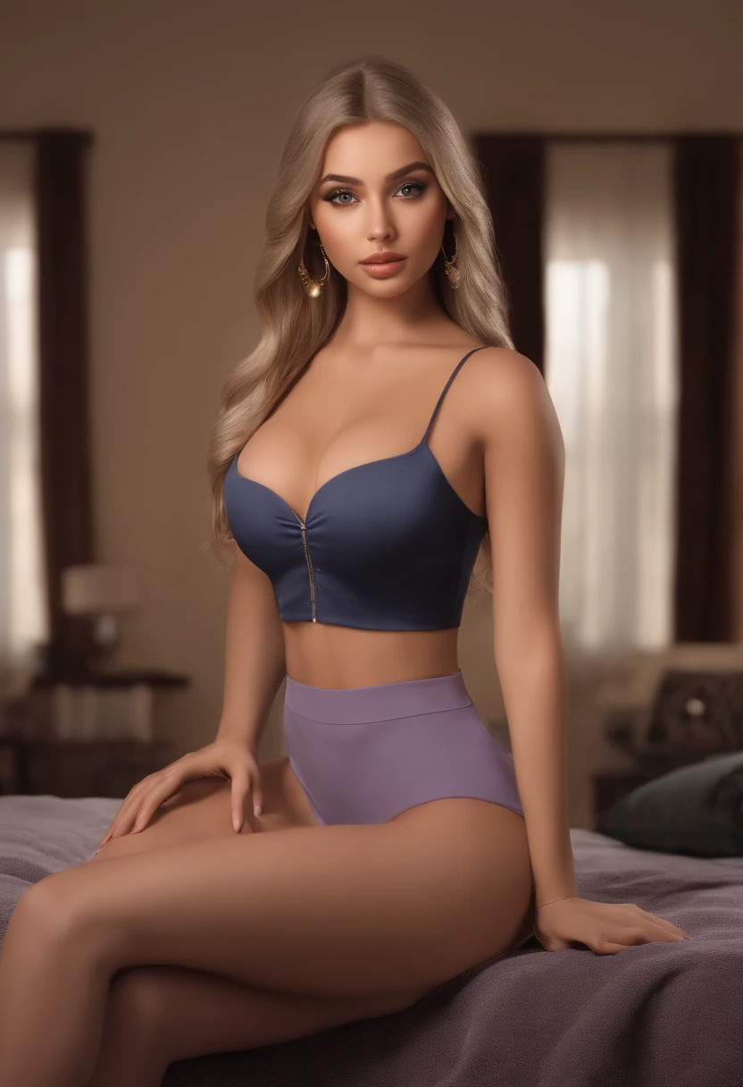 arafed woman fully , sexy girl with dark eyes, ultra realistic, meticulously detailed, portrait sophie mudd 60kg, straight blonde hair and big eyes, selfie of a young woman, bedroom eyes, violet myers, natural makeup, looking directly at the camera, face with artgram, subtle makeup, stunning full body shot kneeling on bed, in bedroom, medium to large size bust