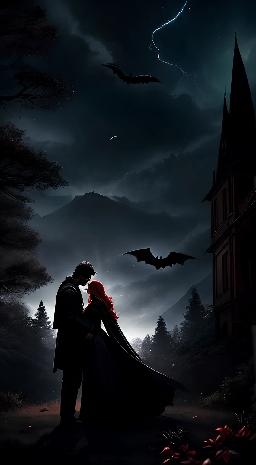 imaginar: There is a silhouette of a man with dark hair, olhos azuis e pele branca, Dressed in black clothes and a coat next to him is a beautiful red-haired woman. Ao fundo, there is a large, Shady castle surrounded by trees at night, With bats flying in the sky.