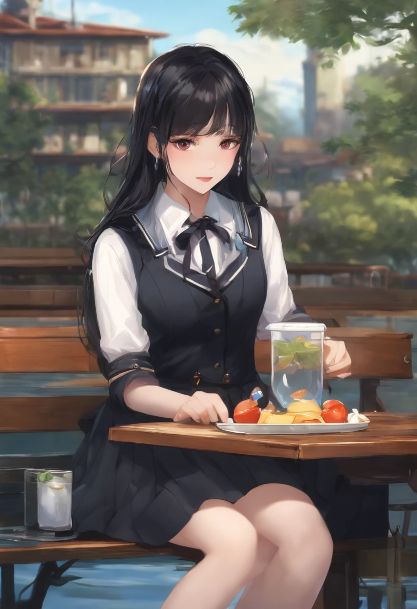 A Girl , hair accessories , long black hair , school uniform, attractive , thin coat , short skirt , Snacks , water , Briefcase