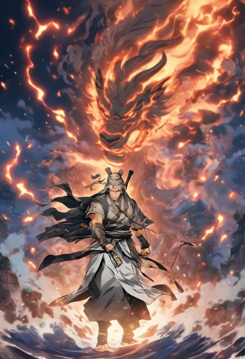 ((​master piece))，(Best quality))，Distant view，archer，A middle-aged Taoist priest，bow and arrows,Glow effects，Hyper-realistic，Hyper-photorealistic simulation，Chinese black and white ink style，Black and white ，discoloration，stain，ink，8K，super-fine，High quality