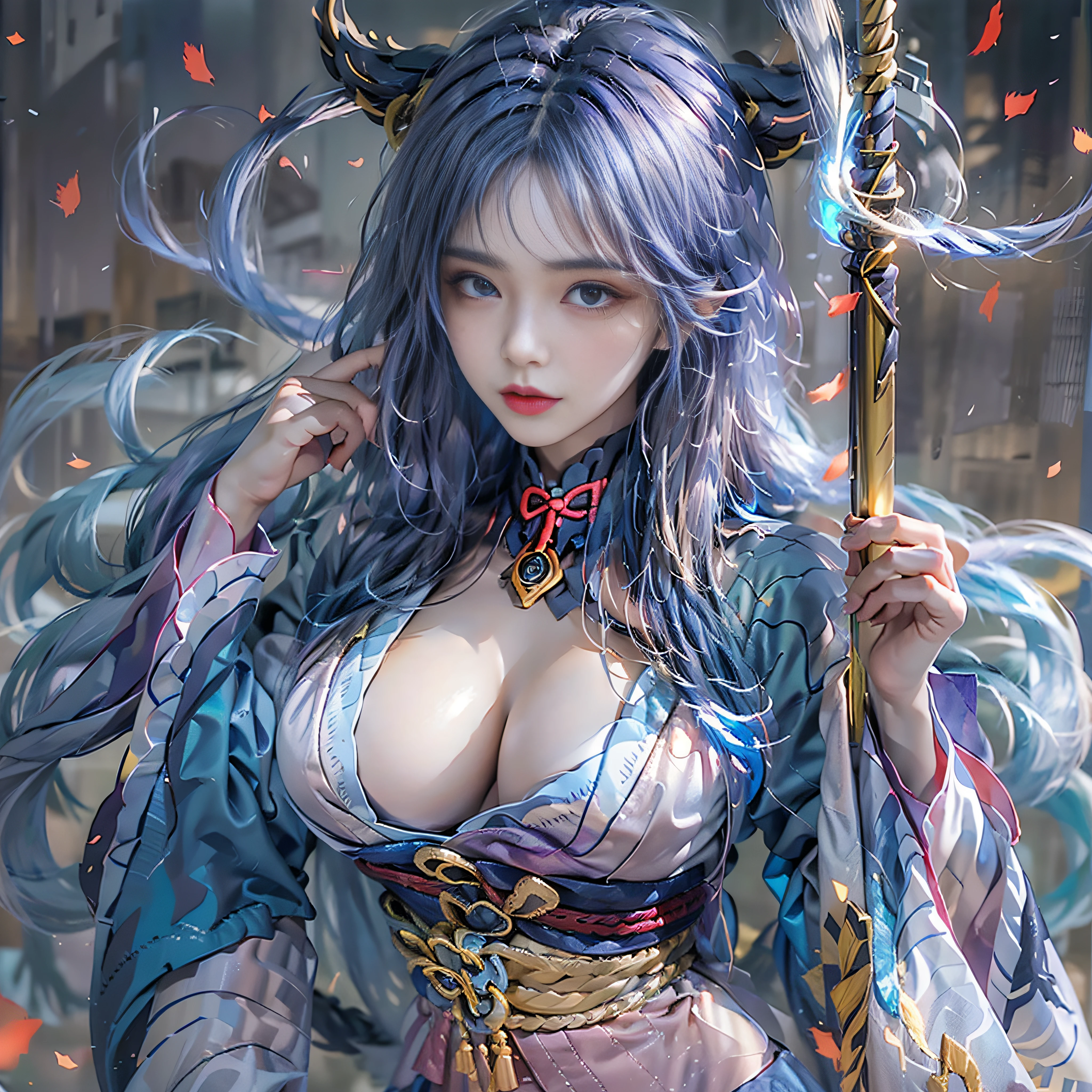 ((Jeizuo))),(((best qualit))),((ultra-detailliert)),(A hyper-realistic),(High Definition CG Illustration),Movie Light,Lifelike,(ganyu),Very beautiful young lady,Whirlwind,A bell hangs on his chest,(Beautiful face and lips),Light makeup,Intricate Details EBA,lightblue hair,blue cloak,Popular on ArtStation,Big thighs,full body Esbian、A bell hangs on his chest huge udder 、Japanese Katana Sword、Japanese dress、Colossal tits