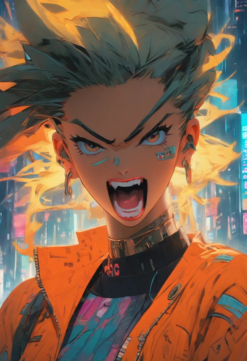 a woman with an open mouth and an orange shirt, cyberpunk art by Zhou Jichang, Artstation, shock art, official art, artstation hd, anime,Niji