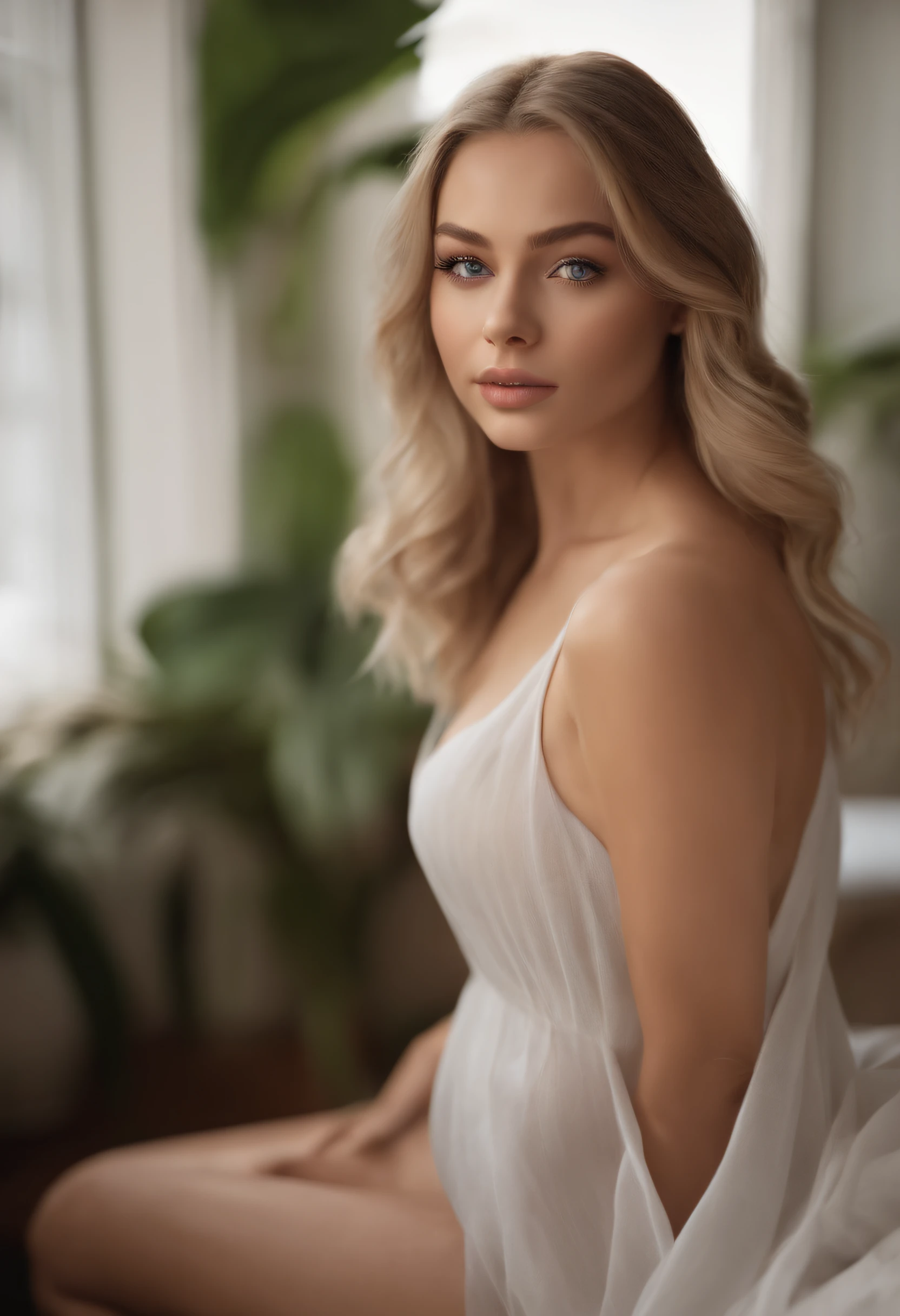 arafed woman fully , sexy girl with blue eyes, ultra realistic, meticulously detailed, portrait sophie mudd, blonde hair and large eyes, selfie of a young woman, bedroom eyes, violet myers, without makeup, natural makeup, looking directly at the camera, face with artgram, subtle makeup, stunning full body shot kneeling on bed, in bedroom, medium to large size bust; ; ;naked