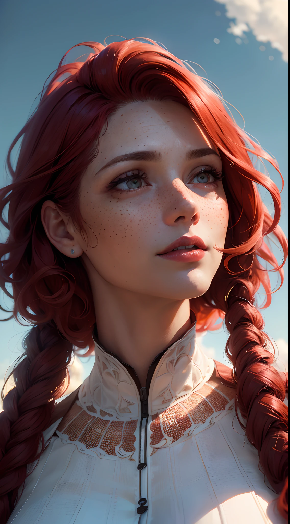 (Detailed face features:1.3), (((1mature woman))), standing wearing a long dress, (looking up, close-up photo, face picture), (looking at the sky:1.5), dynamic pose, face photo, 16k, masterpiece, best quality: 1.2), (high detailed skin), (curly red hair), ((freckles, red eyes, detailed lips)), slim, automatic white balance, (ultra realism, hyper detailed and intricate realism: 1.3), (wide depth of field, radiant mapping: 1.2), High dynamic range, vivid, rich details, clear shadows and highlights, realistic, intense, enhanced contrast, clear outdoor,