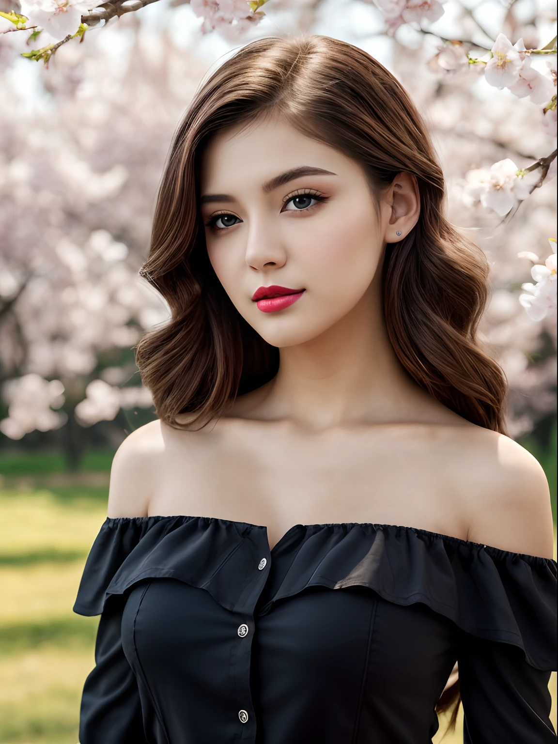 masterpiece, best quality ,ultra-detailed ,portrait, cowboy shot, ultra-realistic, hyper realistic photo, extremely detailed CG unity 8k wallpaper,1girl, (( black outfit, black off shoulder top, full sleeve)), pink cherry blossoms trees in background, detailed focus on girl, oval face shape, asymmetrical face structure, almond eye type, hazal eye color, detailed eyes, brown hair color, 32 inch breasts, hourglass figure, cleavage, pale white skin tone, seductive girl, sexy girl, 22 years old, soft wavy hair, beautiful girl, professional makeup, pink lipstick, seductive expression, side hairstyle