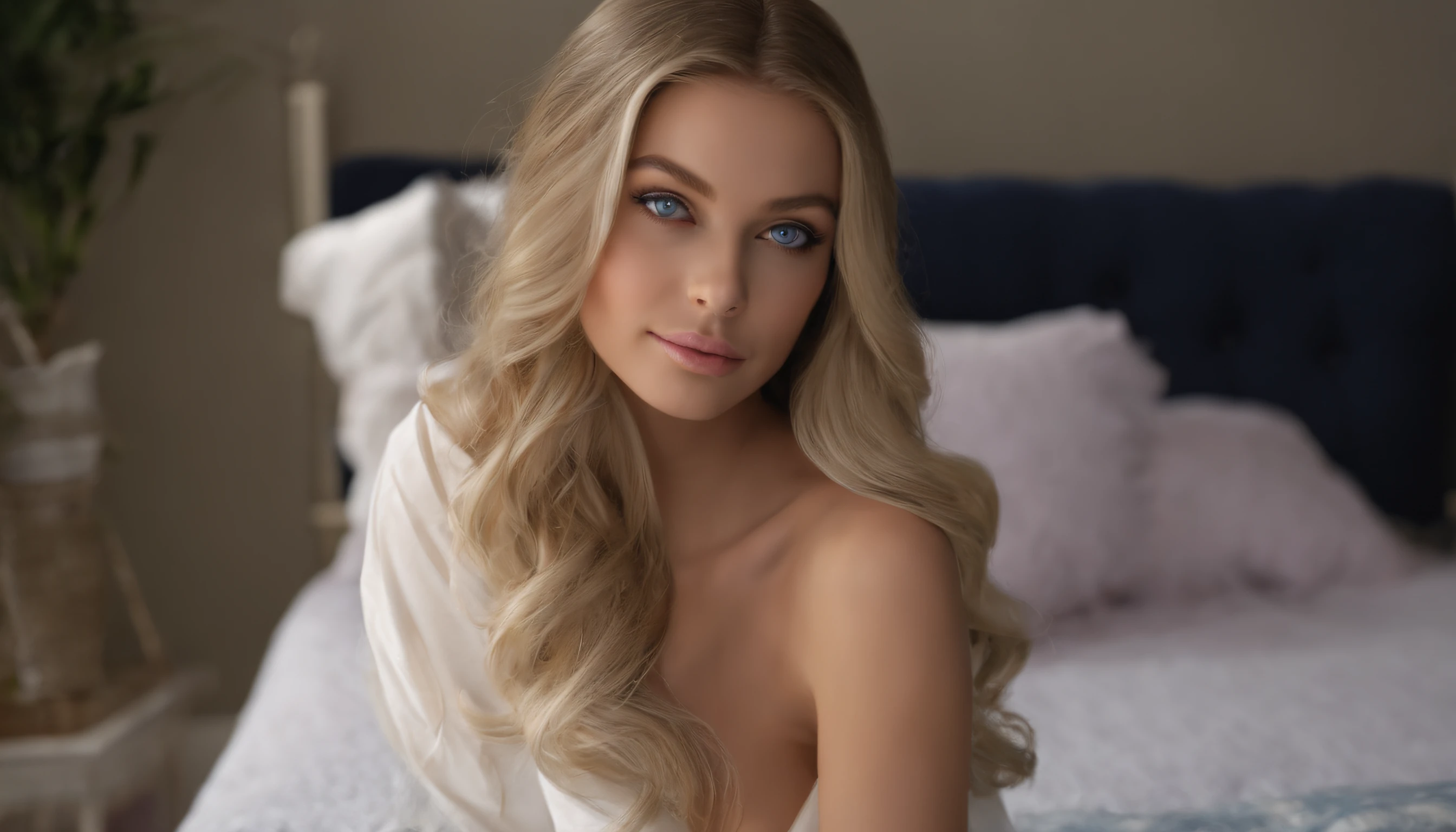 arafed woman fully , sexy girl with blue eyes, ultra realistic, meticulously detailed, portrait sophie mudd, blonde hair and large eyes, selfie of a young woman, bedroom eyes, violet myers, without makeup, natural makeup, looking directly at the camera, face with artgram, subtle makeup, stunning full body shot kneeling on bed, in bedroom, medium to large size bust