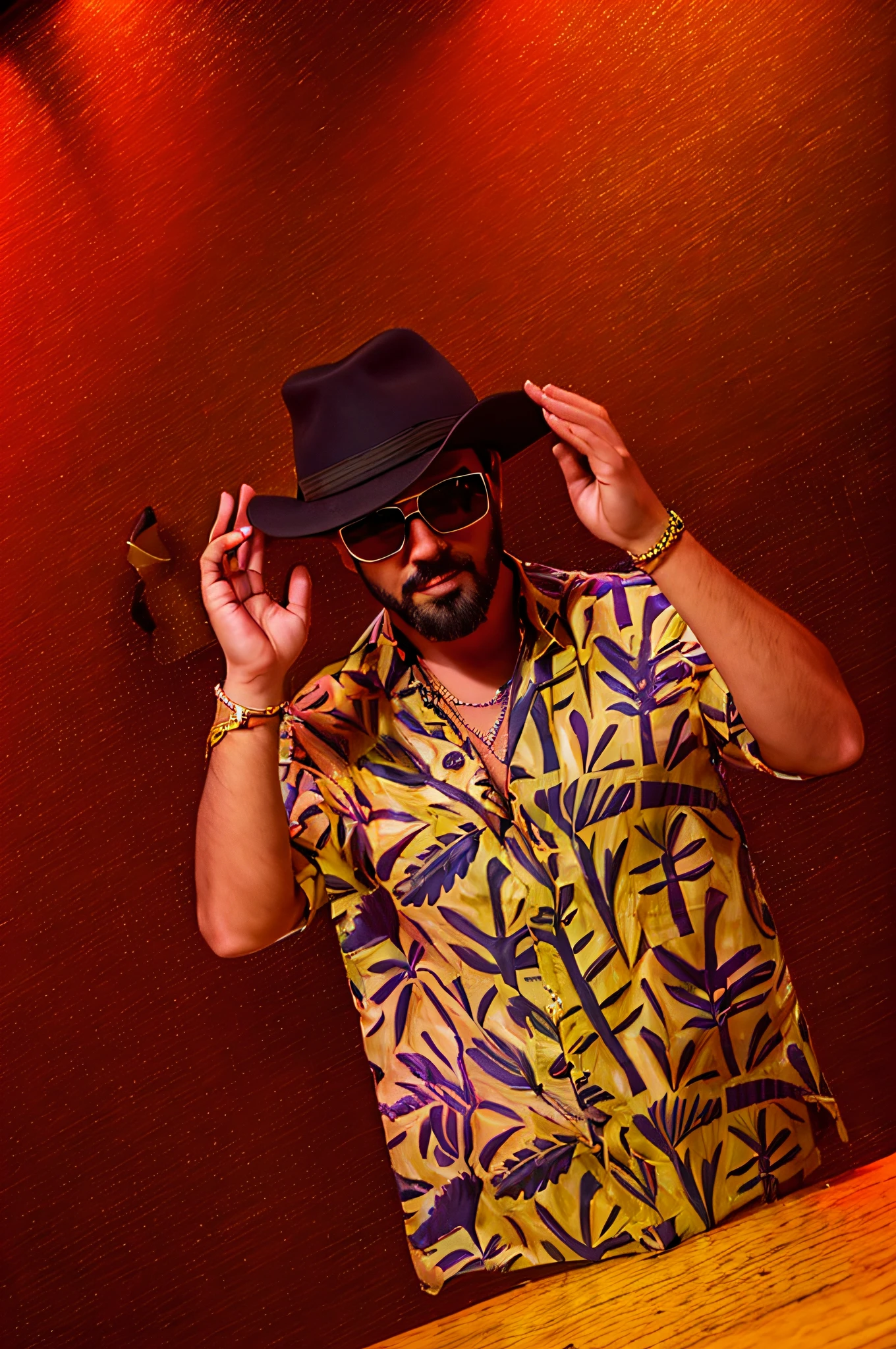 Hay un hombre con sombrero y gafas de sol haciendo el signo de la paz, shot on nikon z9, Imagen tomada con Canon EOS R 5, Imagen tomada con Canon EOS R5, Capturado con Canon EOS R 6, con gafas de sol y un sombrero, inclinando su fedora, Dr. Zeus, Filmado con Sony A 7, Tomada en club nocturno, en la noche de la selva !!!, Inspirado en el baile de la discoteca de Ibiza