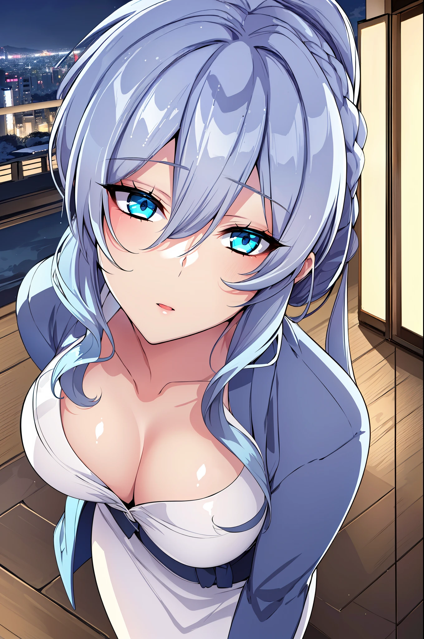 (Night:1.7), Japan, cyberpunk, CityView, Before Window,wooden floor,
Standing at attention,
Blue Jacket, Grey Shirt, collarbone, deep cleavage,
jewelry,gem,bangs, silver Hair, blue Eyes, Braid,long hair, low ponytail, a bow tie,hair ornament, hairclip,
1 girl, 20yo,Young female,Beautiful Finger,Beautiful long legs,Beautiful body,Beautiful Nose,Beautiful character design, perfect eyes, perfect face,expressive eyes,
looking at viewer, in the center of the image,(Upper_body),(Focus on her face),
official art,extremely detailed CG unity 8k wallpaper, perfect lighting,Colorful, Bright_Front_face_Lighting,shiny skin,
(masterpiece:1.0),(best_quality:1.0), ultra high res,4K,ultra-detailed,
photography, 8K, HDR, highres, absurdres:1.2, Kodak portra 400, film grain, blurry background, bokeh:1.2, lens flare, (vibrant_color:1.2)
(Beautiful,Breasts), (beautiful_face:1.5),(narrow_waist),