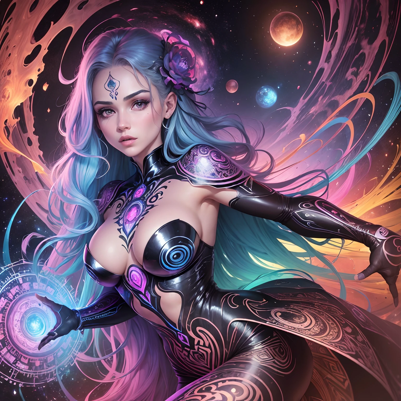 ((Melhor qualidade, 8k, Masterpiece :1.3)) mulher bonita: 1.3, rosto bonito, ajoelhada, de costas, mulher de corpo inteiro com mais de 24 anos de idade, cores saturadas, Psychedelic image, LSD, mandala, fractral, traje, tatuagem, corpo pintado, noiva, corpo inclinado para frente, art similar to Alex Grey's art, too much color saturation, mulher, vortex, ultra realista, planeta terra, galaxy, with lots of lighting, sombreamento e contraste, RPG, mago , sexy vertigo