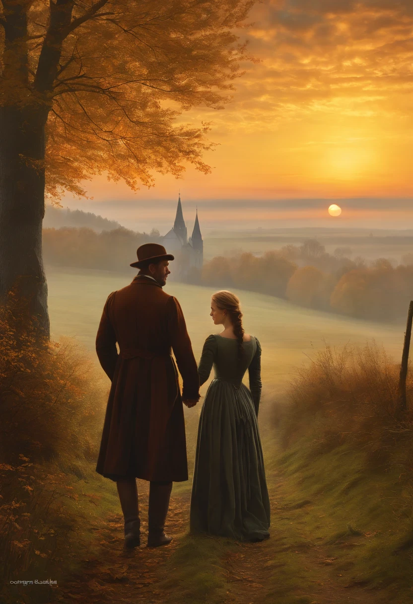 Oil Painting of a Man and a young beautiful Woman, die auf einem Feld mit einer Kirche im Hintergrund spazieren gehen, Herbstlicht, Sonne seitlich von vorn, romantisches Licht und Schatten, a painting by Caspar David Friedrich, Shutterstock, Romantik, 4 K, (Romantik Malerei), Gotische Malerei, Romantik Landschaftsmalerei, caspar david friedrich, caspar friedrich, dunkel, david friedrich, atmospheric scene,