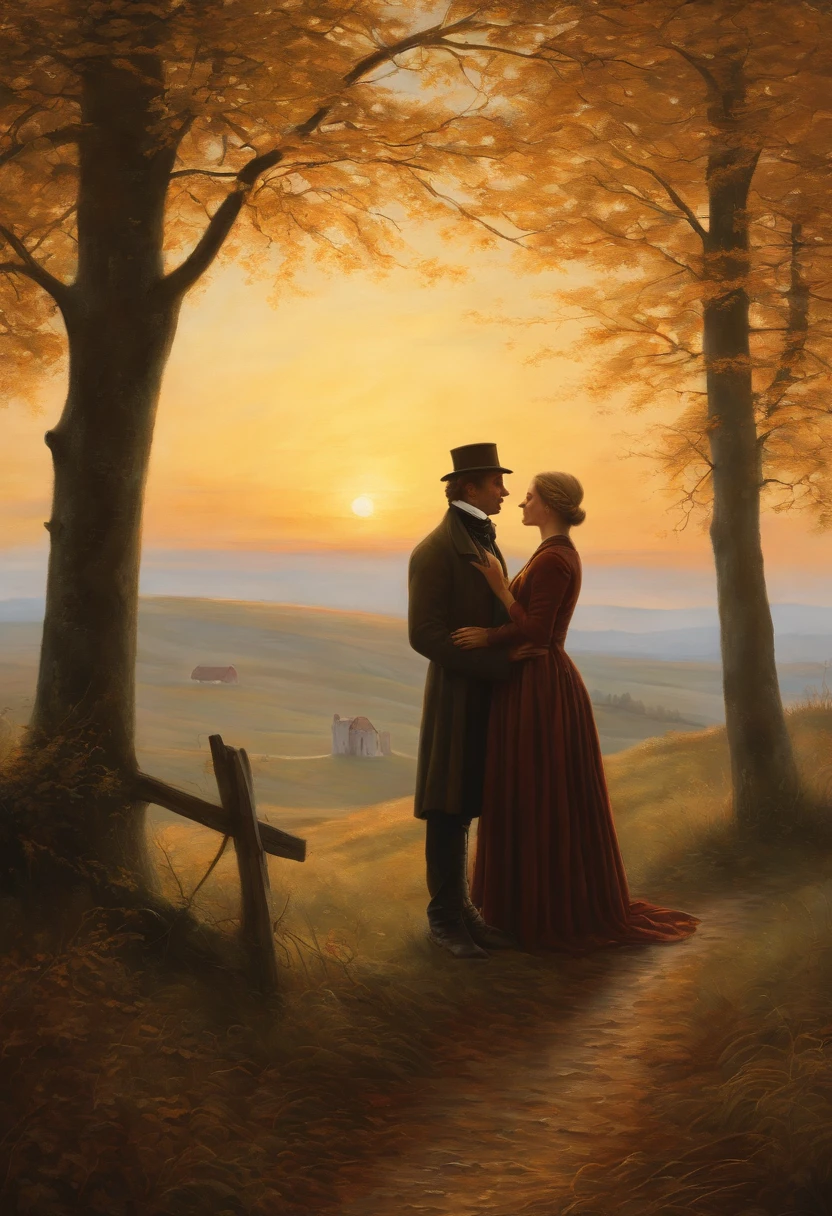 Oil Painting of a Man and a young beautiful Woman, die auf einem Feld mit einer Kirche im Hintergrund spazieren gehen, Herbstlicht, Sonne seitlich von vorn, romantisches Licht und Schatten, a painting by Caspar David Friedrich, Shutterstock, Romantik, 4 K, (Romantik Malerei), Gotische Malerei, Romantik Landschaftsmalerei, caspar david friedrich, caspar friedrich, dunkel, david friedrich, atmospheric scene,