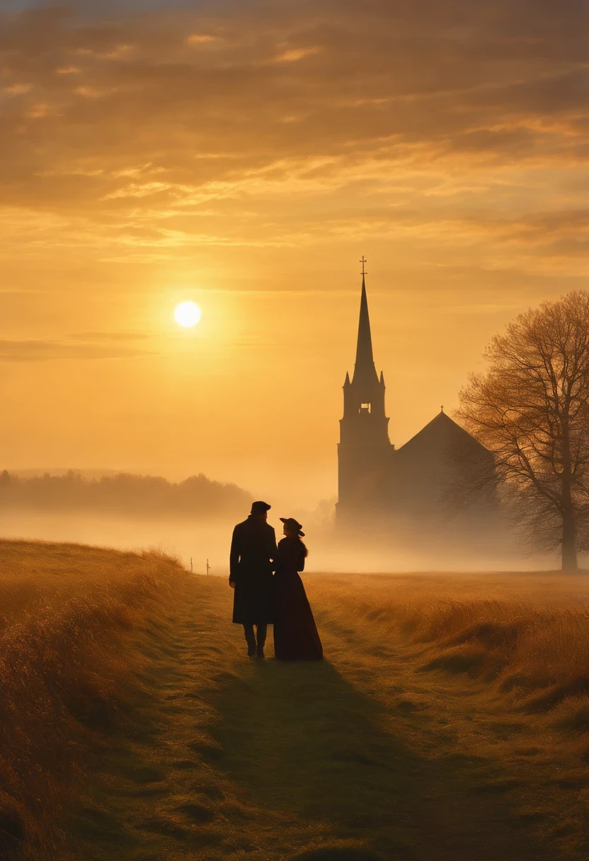 Oil Painting of a Man and a young beautiful Woman, die auf einem Feld mit einer Kirche im Hintergrund spazieren gehen, Herbstlicht, Sonne seitlich von vorn, romantisches Licht und Schatten, a painting by Caspar David Friedrich, Shutterstock, Romantik, 4 K, (Romantik Malerei), Gotische Malerei, Romantik Landschaftsmalerei, caspar david friedrich, caspar friedrich, dunkel, david friedrich, atmospheric scene,