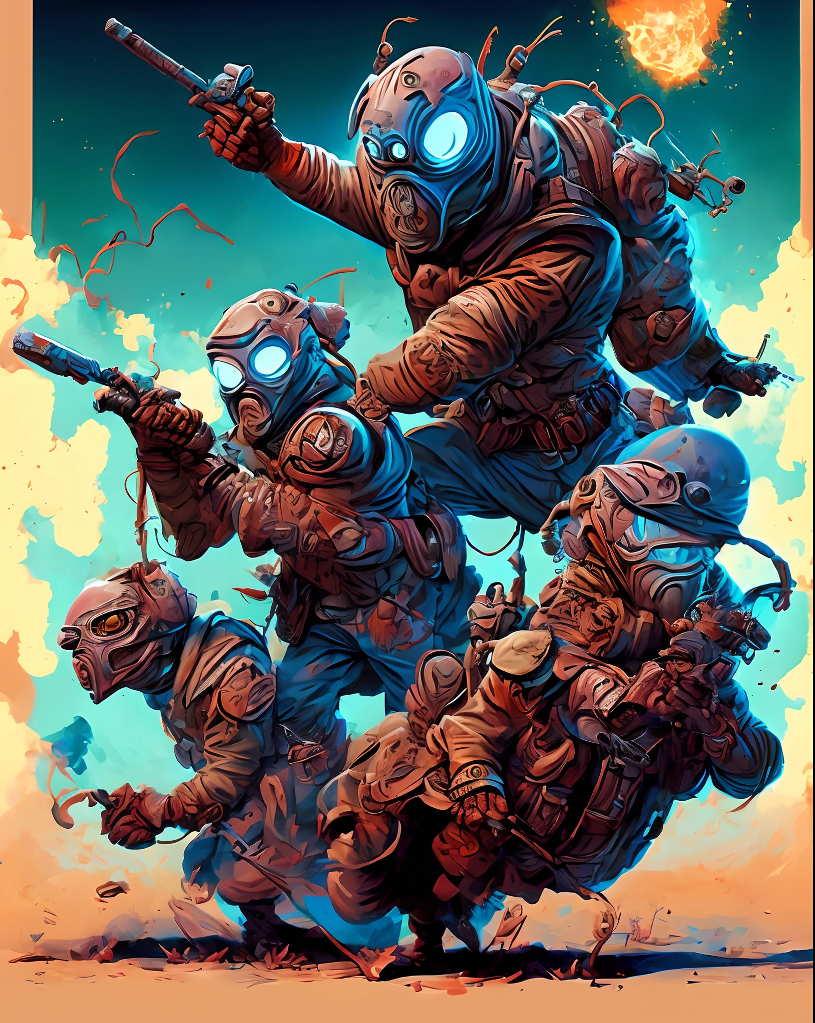 Hero and heroine in action. Art style Pascal Blanché, arte como Duna, seres fantasticos realismo 16k, maquinas futuristas retro.