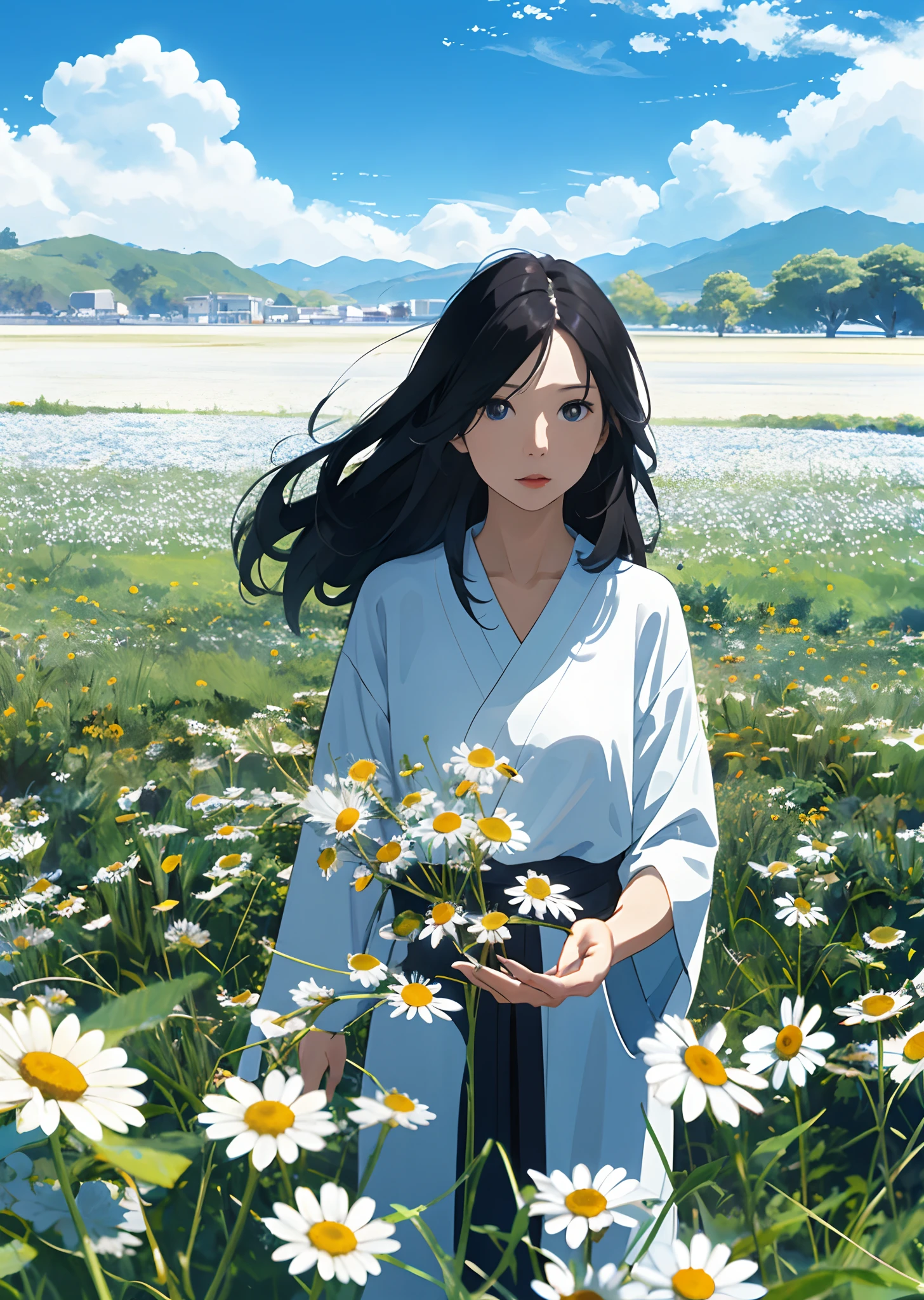 Korean Girl, long black hair, against the background of a chamomile field, Above it is a blue sky and white, Like cotton wool, clouds.