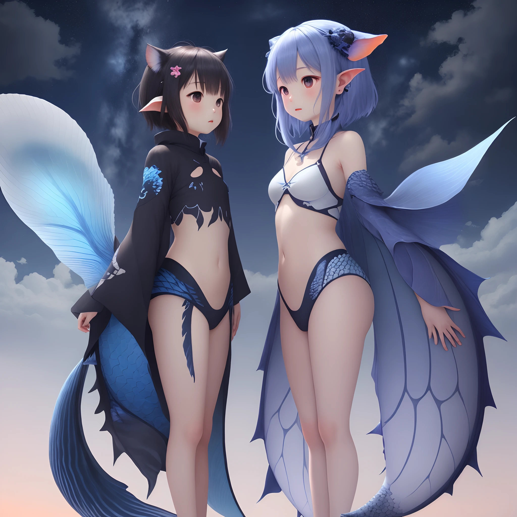 The girl is not a pair of legs underneath,It's like the tail of the fish,Even her ears look a little strange,Unusual people。
The ears are standing up,in triangular formation,Attach a few scales,is blue。
The tail of the fish slowly turns dark from the indigo at the beginning of the abdomen to the tail,At the end it was a little darker,Like this vast sky。