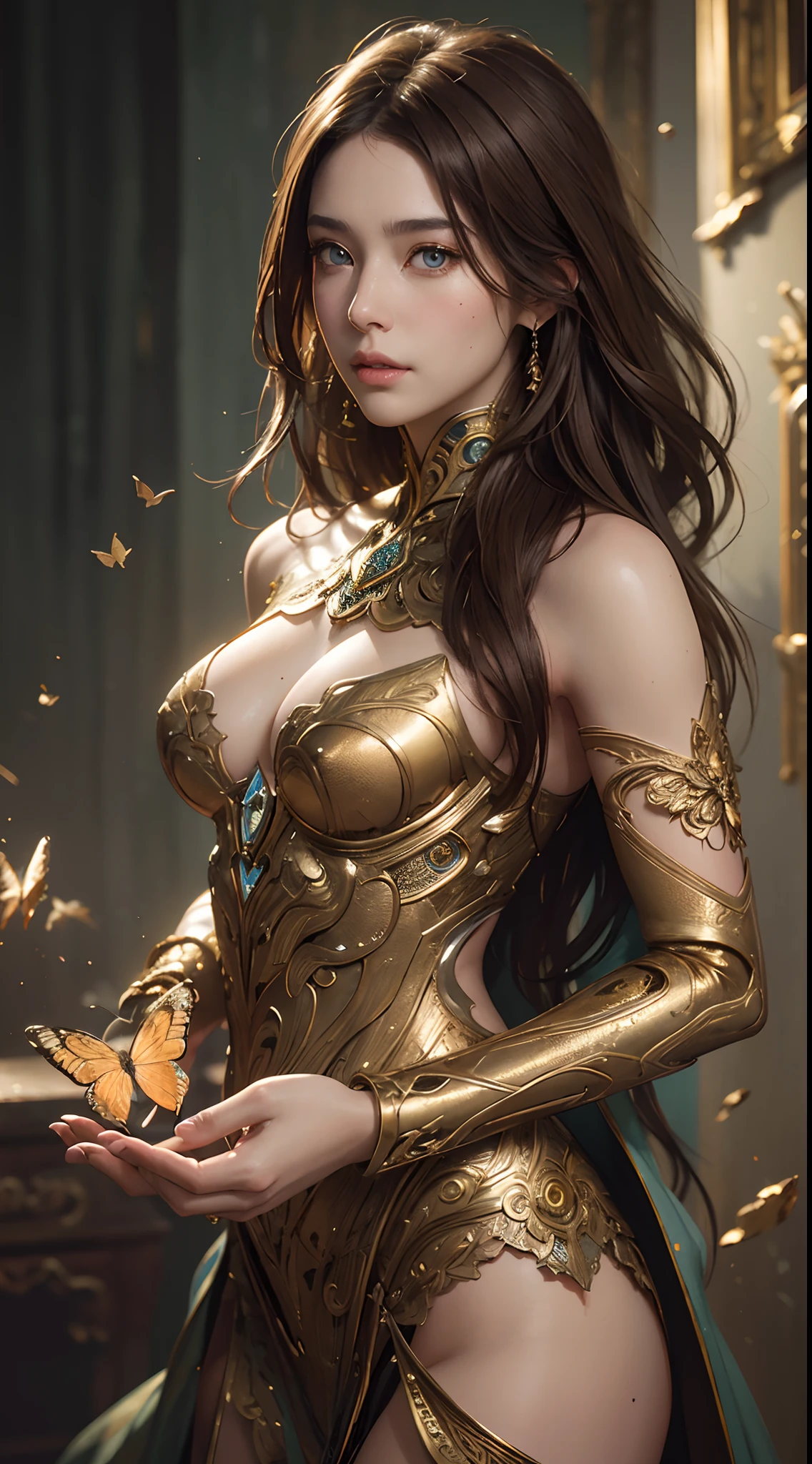 8k portrait of beautiful cyborg with brown hair, intricate, elegant, highly detailed, majestic, digital photography, art by artgerm and ruan jia and greg rutkowski surreal painting gold butterfly filigree, broken glass, (masterpiece, sidelighting, finely detailed beautiful eyes: 1.2), hdr,