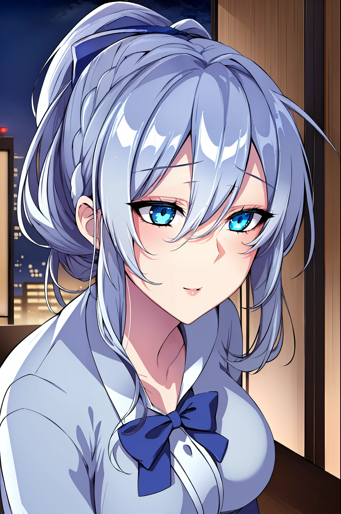 (Night:1.7), Japan, cyberpunk, CityView, Before Window,wooden floor,
Standing at attention,
Blue Jacket, Grey Shirt, collarbone, deep cleavage,
jewelry,gem,bangs, silver Hair, blue Eyes, Braid,long hair, low ponytail, a bow tie,hair ornament, hairclip,
1 girl, 20yo,Young female,Beautiful Finger,Beautiful long legs,Beautiful body,Beautiful Nose,Beautiful character design, perfect eyes, perfect face,expressive eyes,
looking at viewer, in the center of the image,(Upper_body),(Focus on her face),
official art,extremely detailed CG unity 8k wallpaper, perfect lighting,Colorful, Bright_Front_face_Lighting,shiny skin,
(masterpiece:1.0),(best_quality:1.0), ultra high res,4K,ultra-detailed,
photography, 8K, HDR, highres, absurdres:1.2, Kodak portra 400, film grain, blurry background, bokeh:1.2, lens flare, (vibrant_color:1.2)
(Beautiful,Breasts), (beautiful_face:1.5),(narrow_waist),