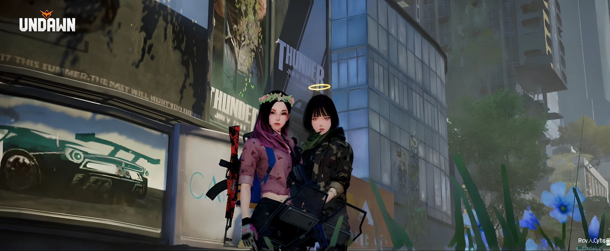 anime characters standing in front of a building with a car in the background, m4 sopmod ii girls frontline, from girls frontline, girls frontline style, in cyberpunk city, nixeu and sakimichan, in a cybercity, inspired by Jang Seung-eop, with ivy, in game, at cyberpunk city, postapocalyptic vibes