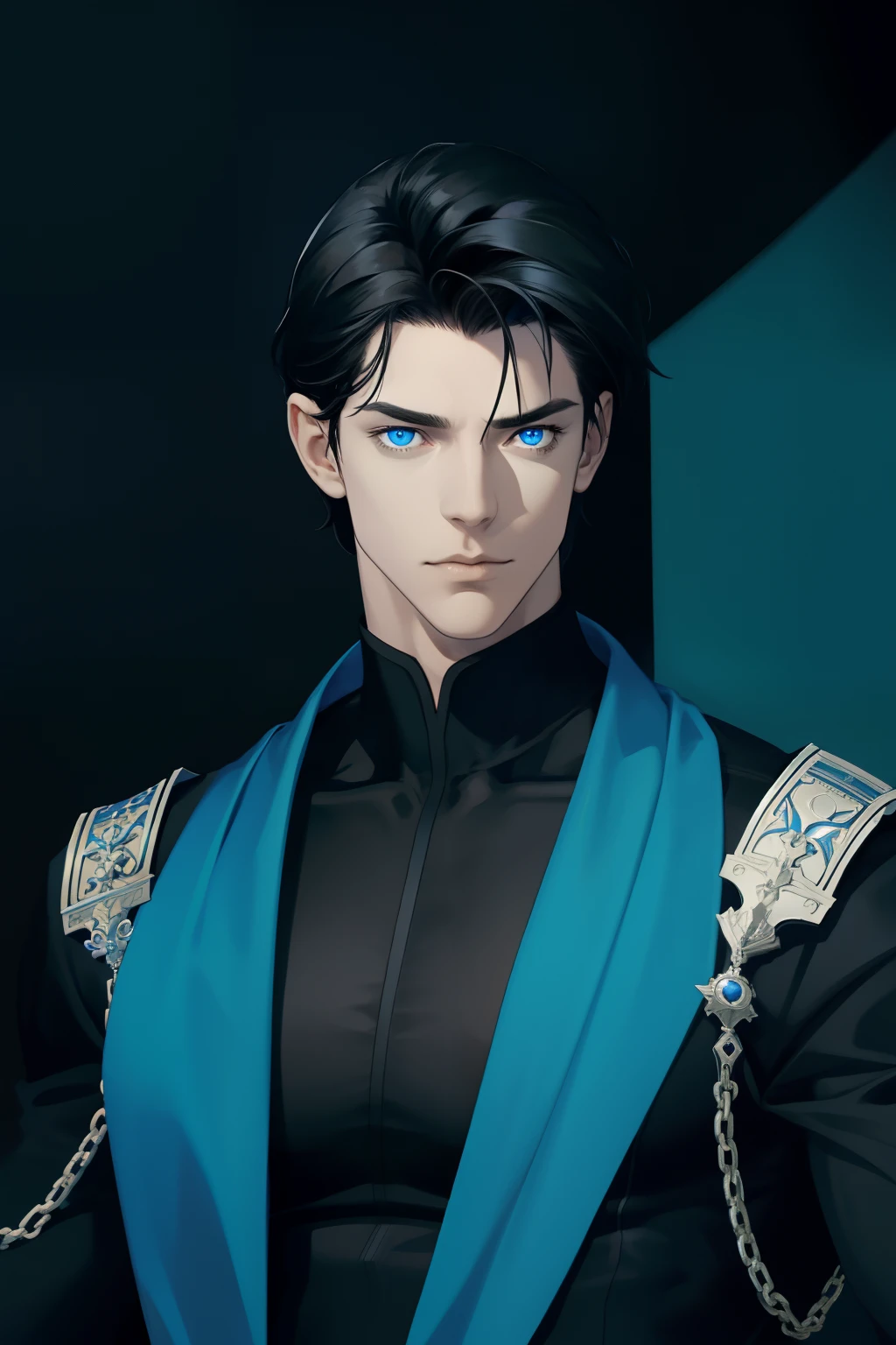 masterpiece, best quality, 1 male, adult, mature, tall muscular guy, black hair, blue eyes, Dark theme, (upper body)