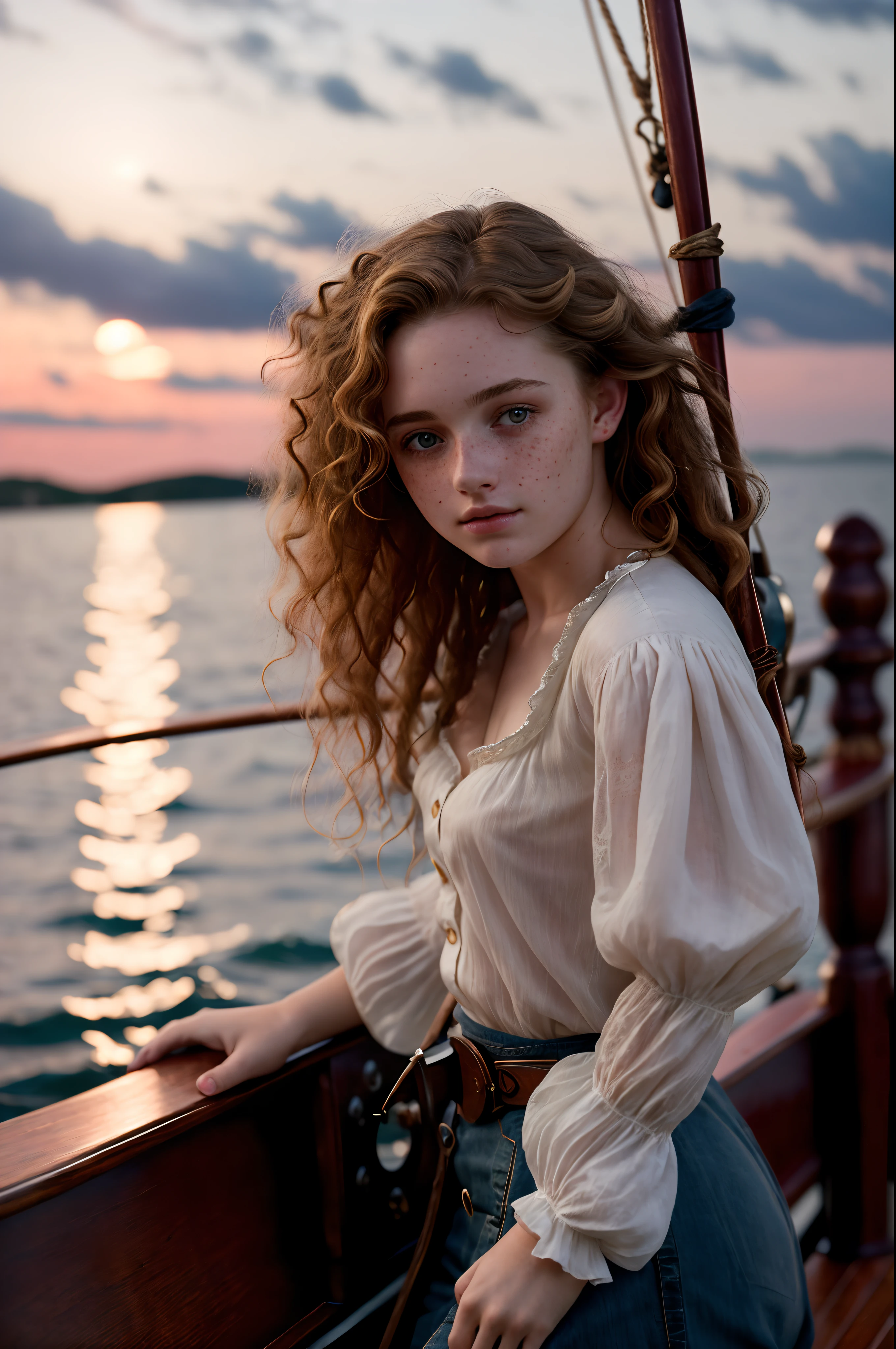 (Masterpiece), Photorealistic, RAW photo, cinematic, Depth of field, Film grain, Highly detailed, cute frivolous and beautiful 18 years old woman, curls, freckles, unbuttoned white blouse, Kodak Portra 400, camera f1.4 lens, Cute sexy, small breasts, seductive look, pale skin, perfect anatomy, on the pier, pirate's sailboat on background, nightfall, poor lit, vintage aesthetic, 1750, Centered image, naturally pose, 8K resolution