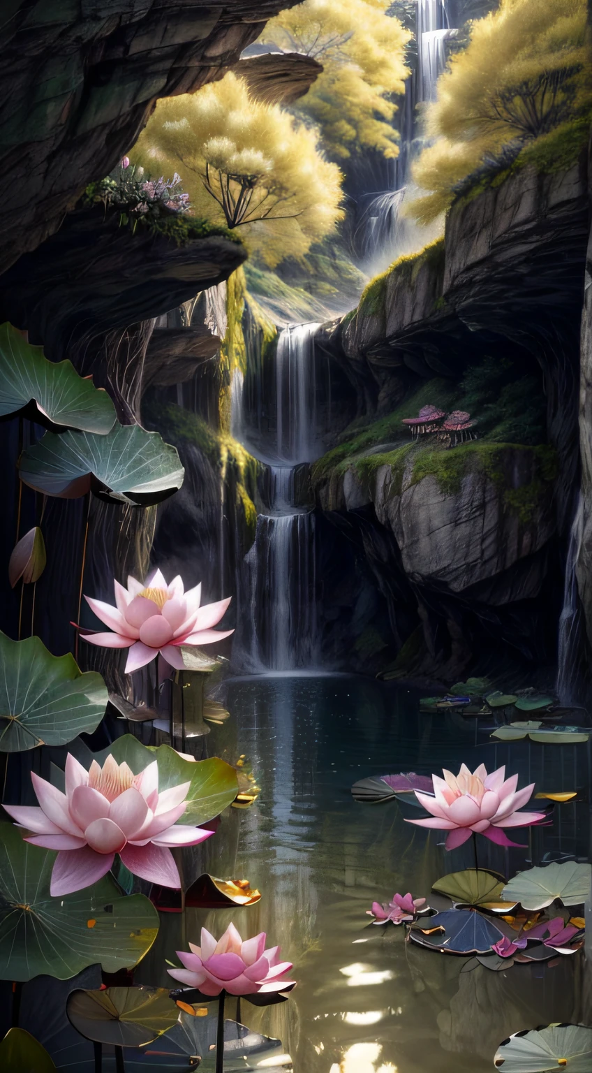 Chinese Ancient Times,Summer, Lake, (lotus flower:1.5)，(Delicate and beautiful，Polished:1.3)Cave, waterfallr, tree, louka, Rock music, deers, hot onsen, vapour, (illustration: 1.0), Epic composition, Realistic lighting, HD details, Masterpiece, Best quality, (Very detailed CG unified 8k wallpaper)