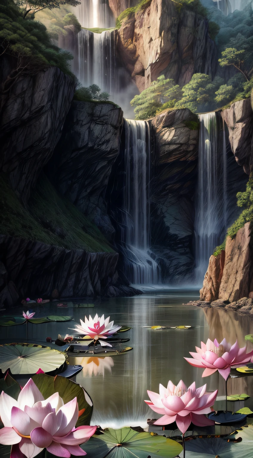 Chinese Ancient Times,Summer, Lake, (lotus flower:1.5)，(Delicate and beautiful，Polished:1.3)Cave, waterfallr, tree, louka, Rock music, deers, hot onsen, vapour, (illustration: 1.0), Epic composition, Realistic lighting, HD details, Masterpiece, Best quality, (Very detailed CG unified 8k wallpaper)