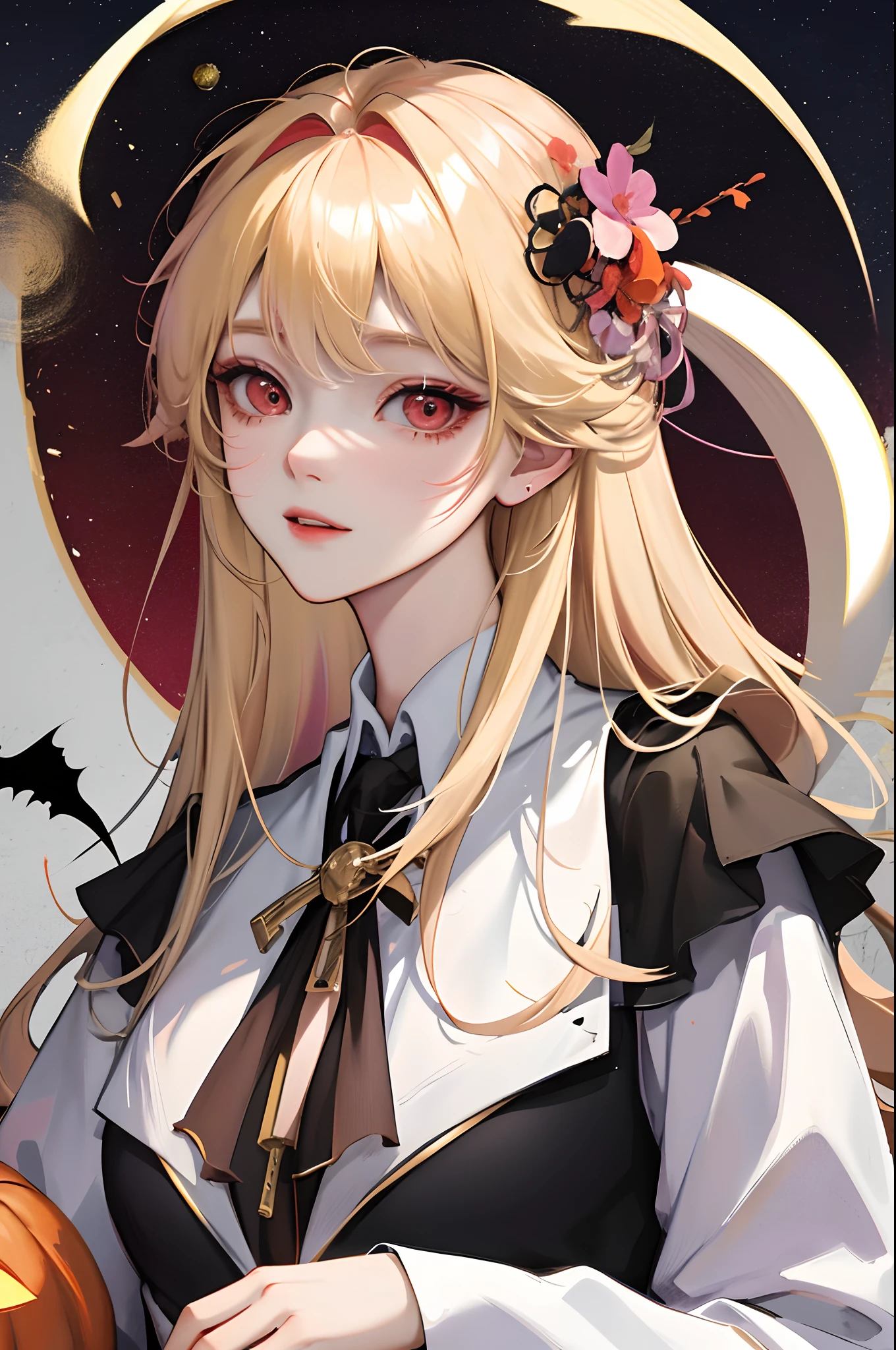 Absurdres, Masterpiece, Best quality, light colors, pastel colors, korean girl with Beautiful face , a character from kdrama, ombre blonde hair with bangs, big red eyes, happy face, Halloween theme