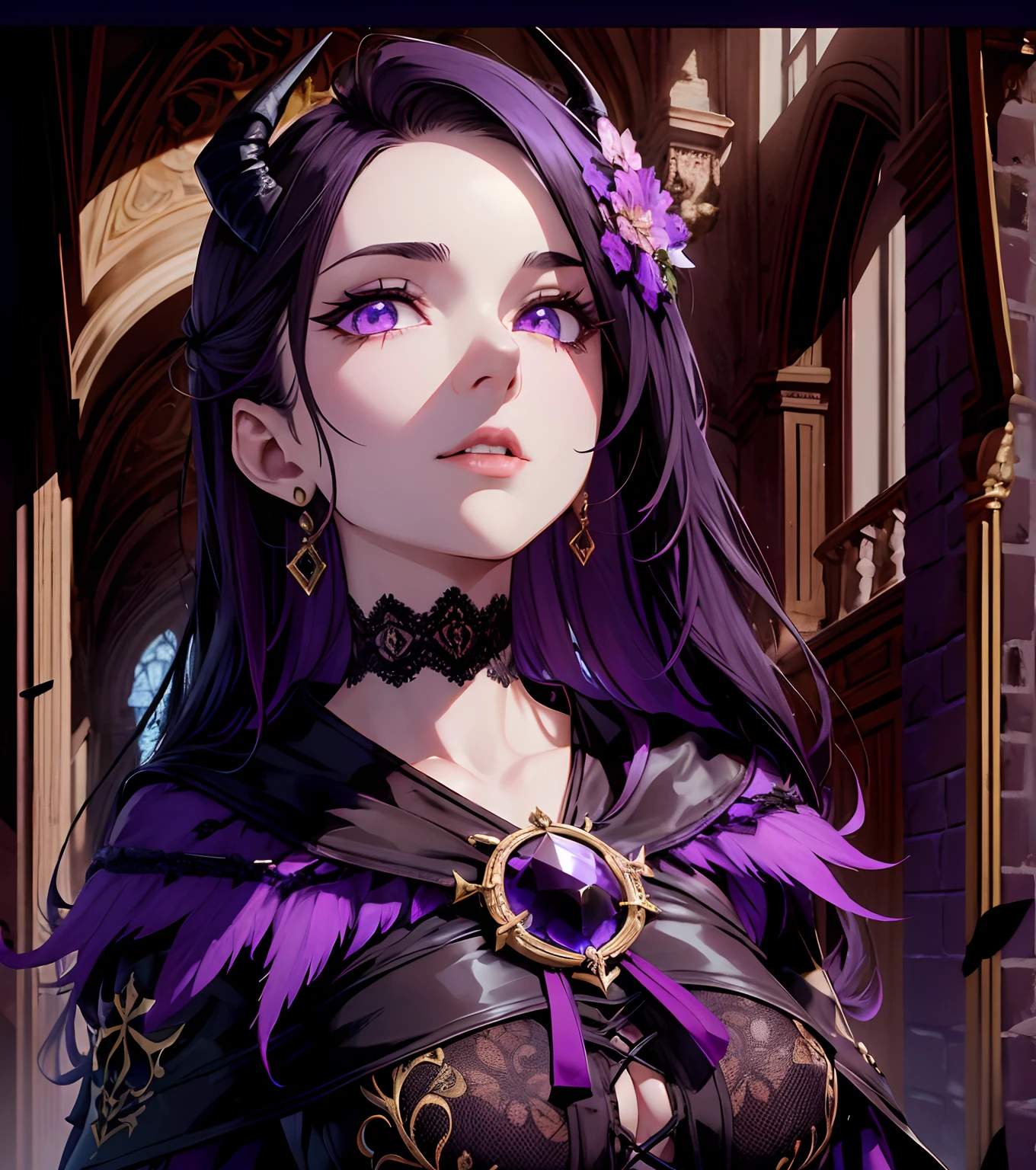 (dunkel,gotisch,beautiful,artistic),lila und schwarzes Kleid,long black hair with purple highlights,Detailed purple and black wings,black horns,durchdringende lila Augen,High-resolution 8K image,dark and mysterious background,Lebendige Farben,Unendliche Dunkelheit,somber atmosphere, Goldene Verzierungen