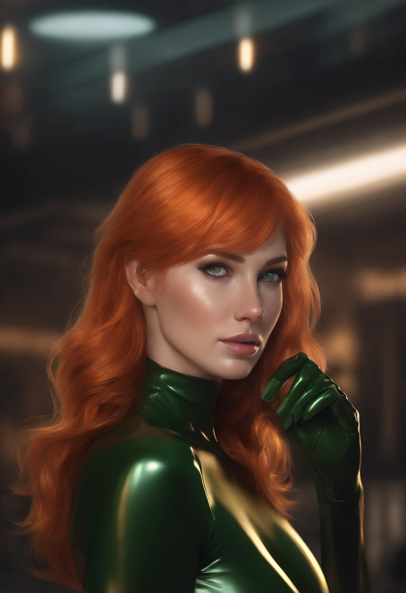 masterpiece, best quality, ultra-detailed, beautiful lighting, 1girl, milf, orange hair, green eyes, freckles, turtleneck, looking at viewer, black latex leggins,niji.