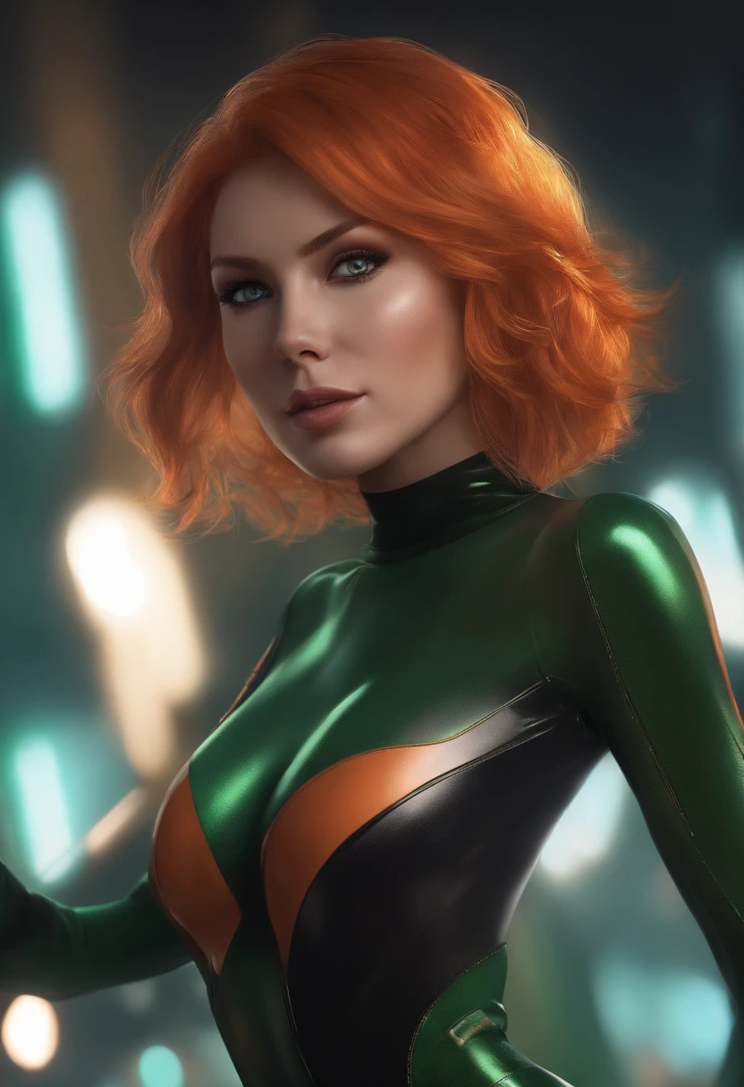 masterpiece, best quality, ultra-detailed, beautiful lighting, 1girl, milf, orange hair, green eyes, freckles, turtleneck, looking at viewer, black latex leggins,niji.
