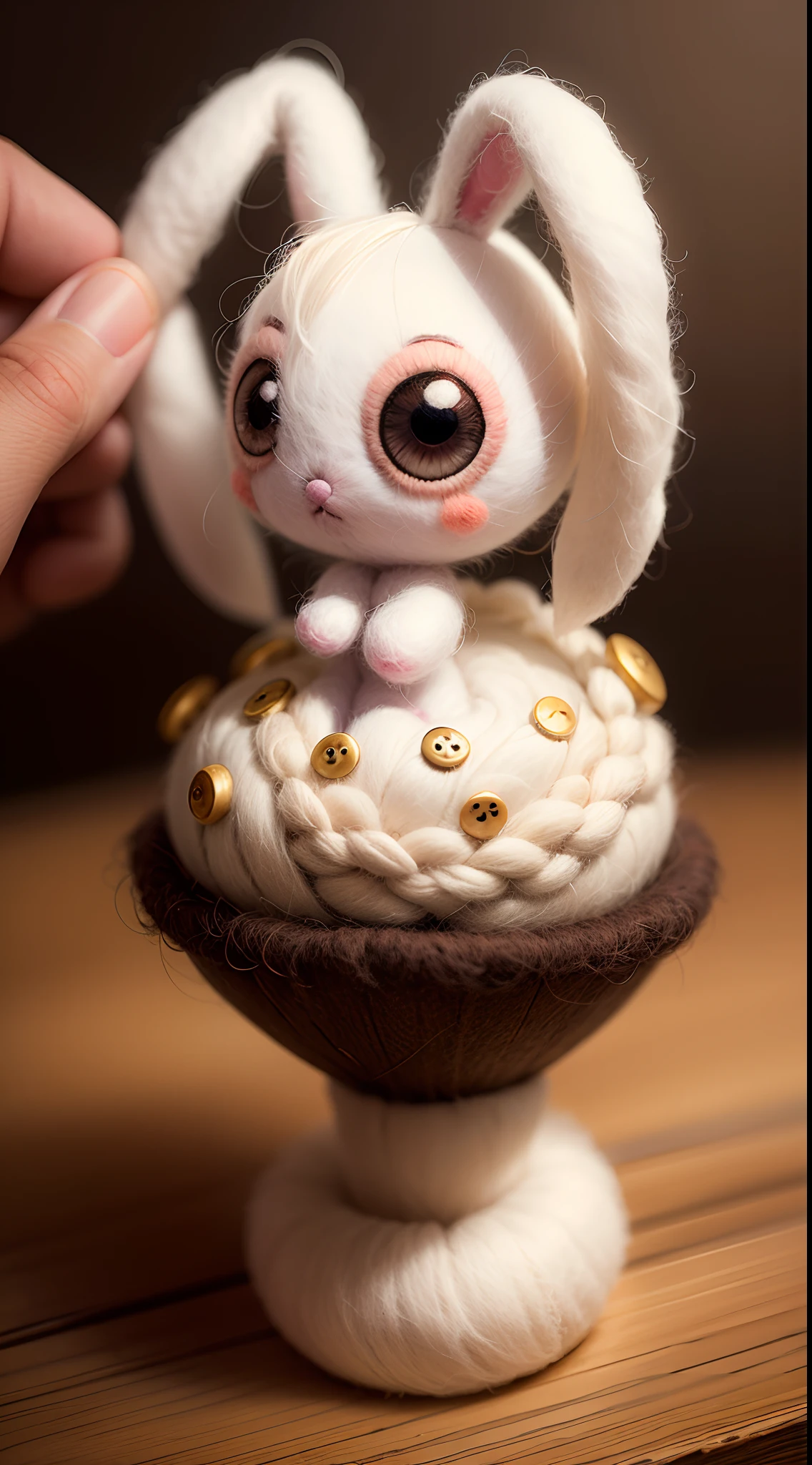 matte sharp painting cute little fluffy bunny,Eyes made of buttons, bodies made of cotton, a wool felted dream,photo of a needle felted wool mushroom figure with two googly eyes， painted by mark ryden, artgerm, artstation behance storybook