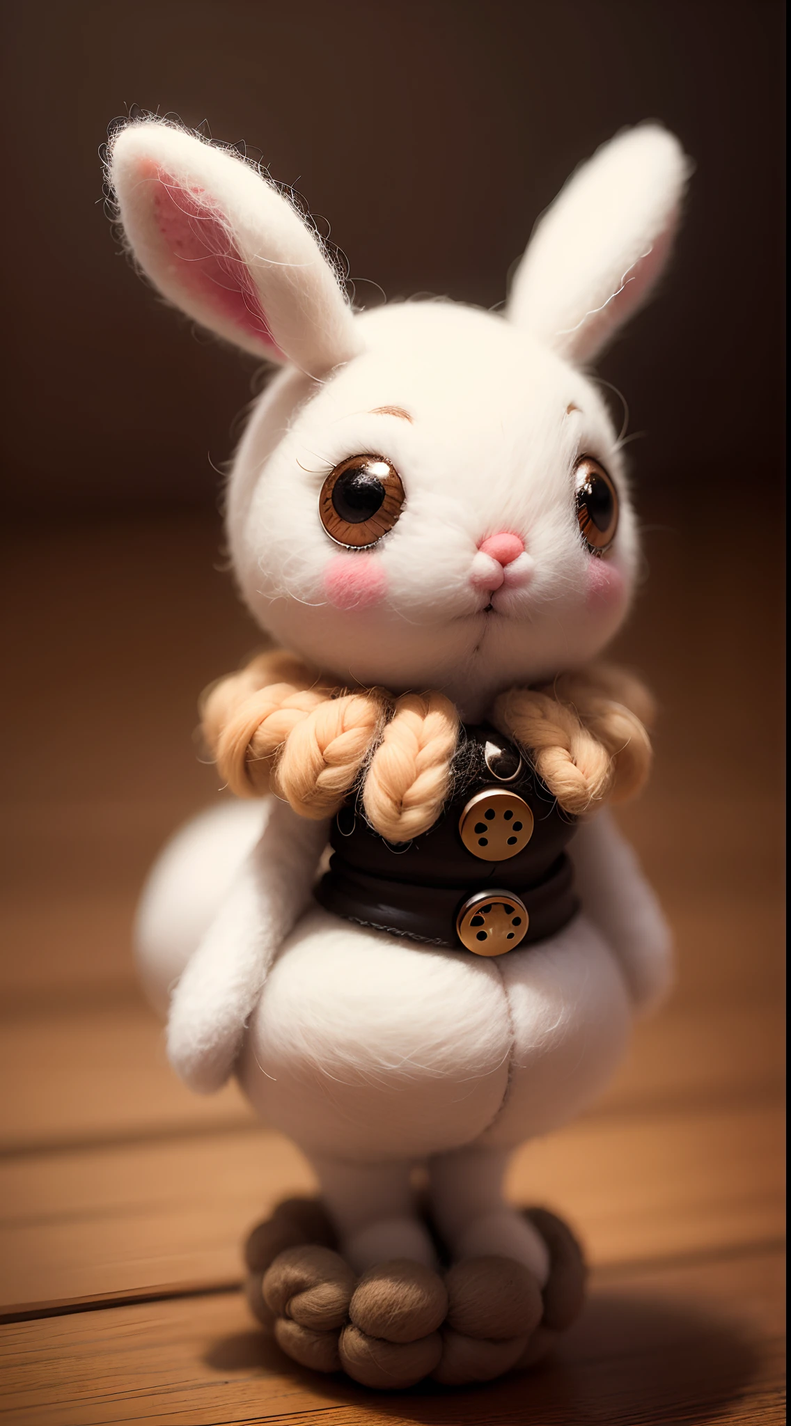 matte sharp painting cute little fluffy bunny,Eyes made of buttons, bodies made of cotton, a wool felted dream,photo of a needle felted wool mushroom figure with two googly eyes, painted by mark ryden, artgerm, artstation behance storybook