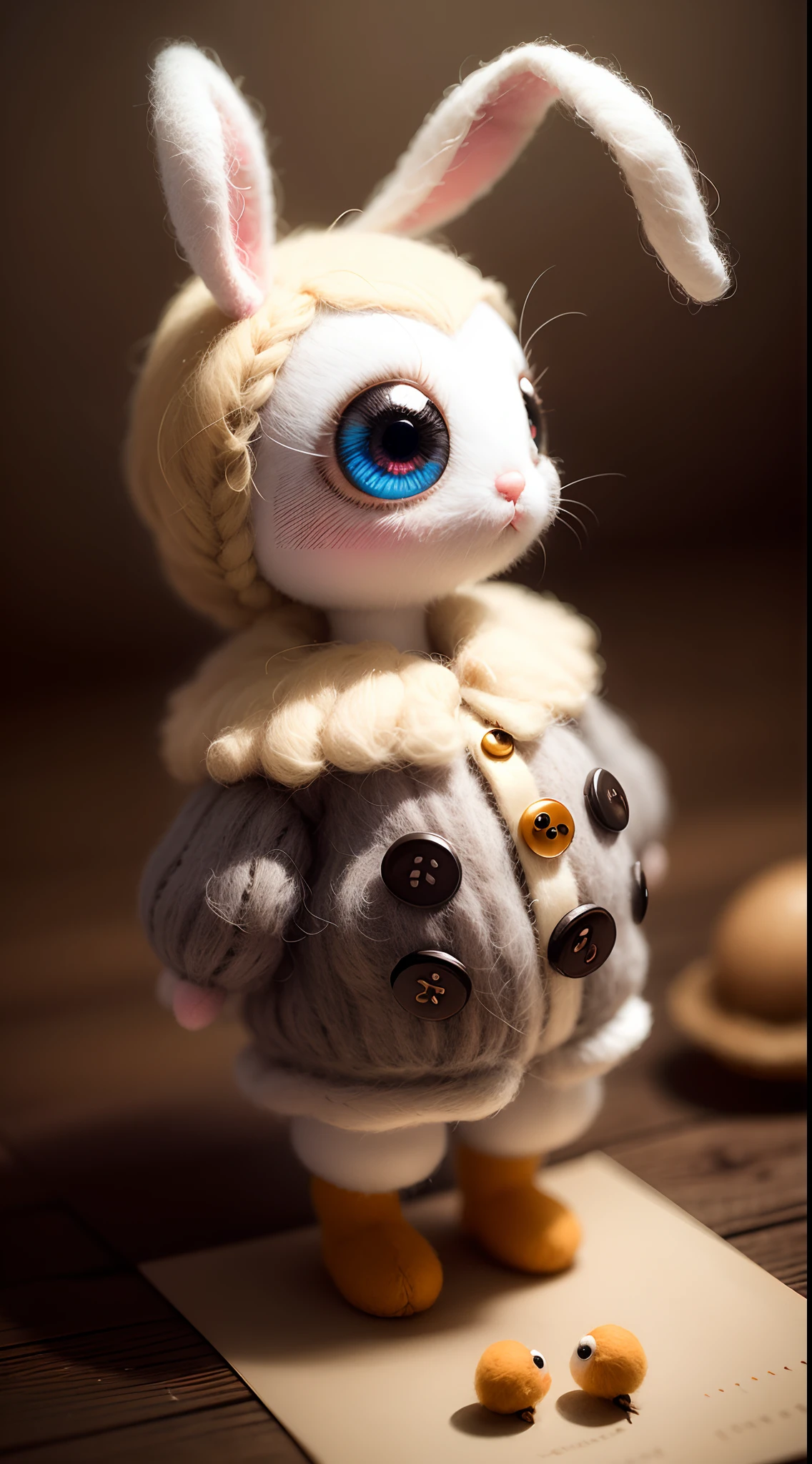 matte sharp painting cute little fluffy bunny,Eyes made of buttons, bodies made of cotton, a wool felted dream,photo of a needle felted wool mushroom figure with two googly eyes, painted by mark ryden, artgerm, artstation behance storybook