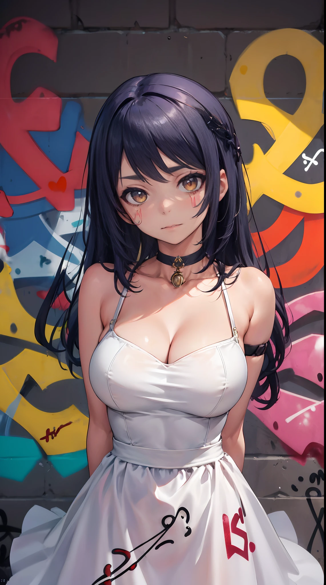 Kujou Sara| genshin impact, master-piece, bestquality, 1girls,25 years old, proportional body, proportional., Wedding Dresses, White Wedding Dress, wedding,Long skirt, mediuml breasts, ,bara, choker, (Graffiti:1.5), Splash with purple lightning pattern., arm behind back, against wall, View viewers from the front., Thigh strap, Head tilt, bored, 10, 10, HD,