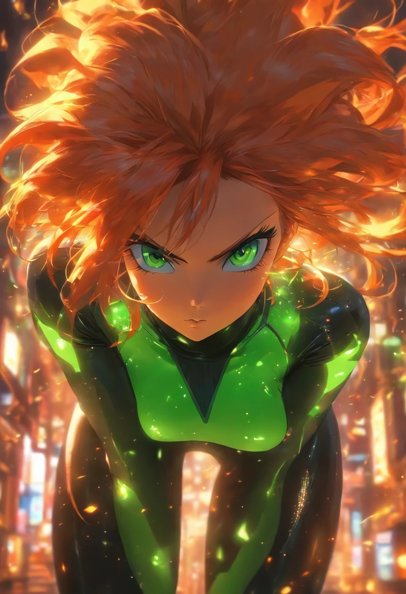 masterpiece, best quality, ultra-detailed, beautiful lighting, 1girl, milf, orange hair, green eyes, freckles, turtleneck, looking at viewer, black latex leggins,niji.