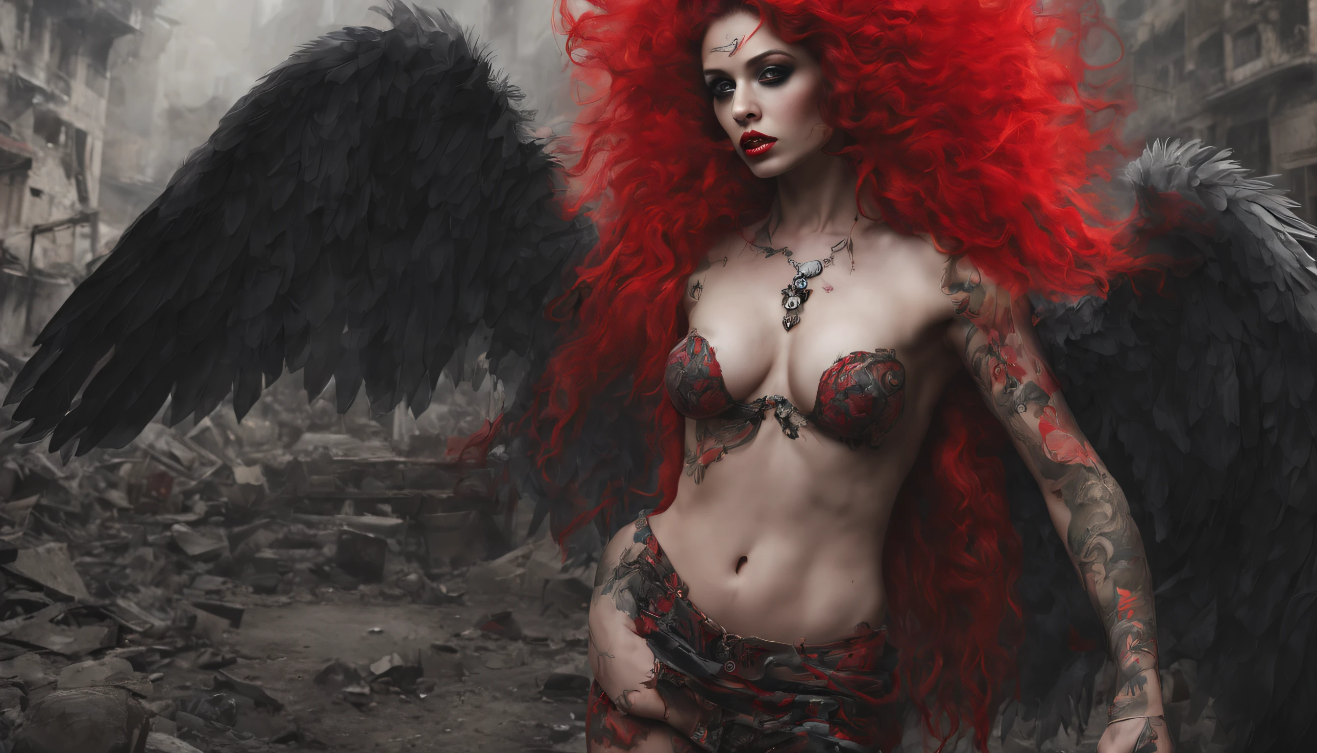 An attractive and provocative evil fallen angel tattooed Russian female with massive tits naked, con grandes alas angelicales de color rojo y negro, pelo rojo largo y suelto mecido por el aire, pose atractiva y provocativa, pale thin,vestido corto y suelto de color oscuro, con transparencias, vaina expuesta, oficial militar, sentado en el suelo en movimiento por las calles en ruinas de una ciudad apocaliptica en llamas, rodeada por el humo y la niebla, tras una gran batalla.