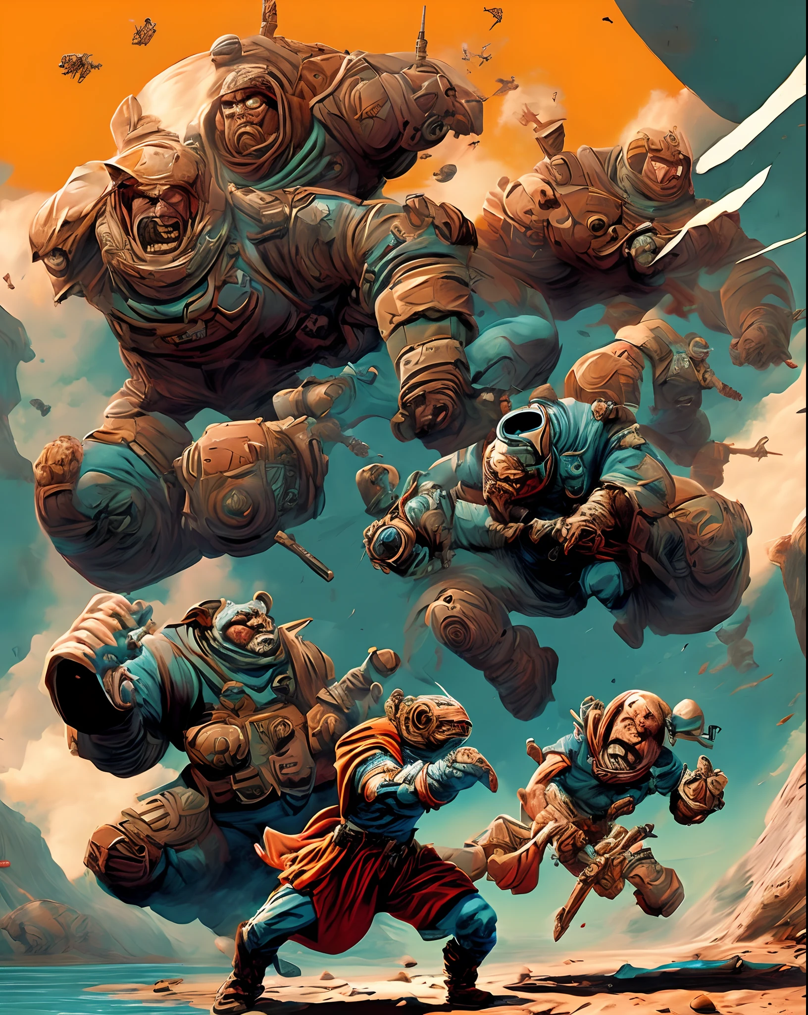 Hero and heroine in action. Art style Pascal Blanché, arte como Duna, seres fantasticos realismo 16k, maquinas futuristas retro.