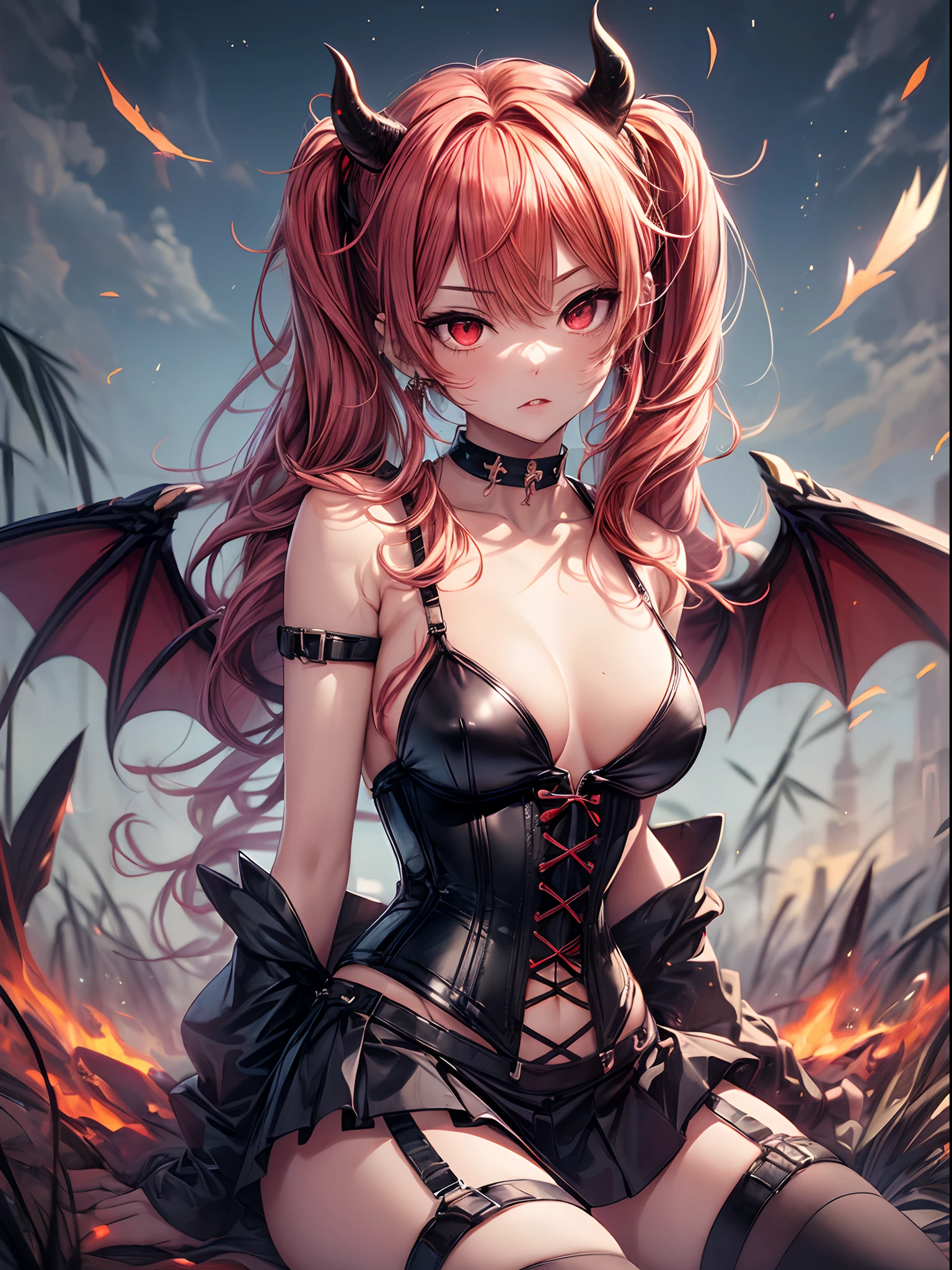 (Full body posing, Fully round eyelids:1.5), (Colorful,Wings of the Little Devil:1.2), Dynamic Angle, (Highly detailed CG Unity 16K wallpaper:1.1), (Denoising strength: 1.45), (tmasterpiece:1.37), {{masutepiece}}, flat chest best quality}, {hight resolution}, Solo, Flat_Chest, Church girl surrounded by red pupils {many} blazing {Feathers} With a cold face, Detailed face, Bright colorful light night with rich layered clouds and cloudy moon in detailed sky, {A lot of glowing particles}, (( Red-haired, shorttwintail, Black Wings of the Little Devil, Succubus, Cute face, Detailed face,Red Eyes,Red short twin tails, Piercing,Hand holding a whip,Detailed black bikini, Intimidating corset choker,Little Devil's Tail, Black miniskirt:1.3)),Wearing a jacket, earrings, Piercing, BREAK, Robot Girl, Delicate and sexy collarbone、charming oval face、二重まぶた、{Filigree}, Delicate e (Convoluted) hair, ((bamboo grass)) And (Broken) Body, upper_body, sitting on the {Brewster}, depth of fields, god rays, spark of light, Glowing light,1girl, flower