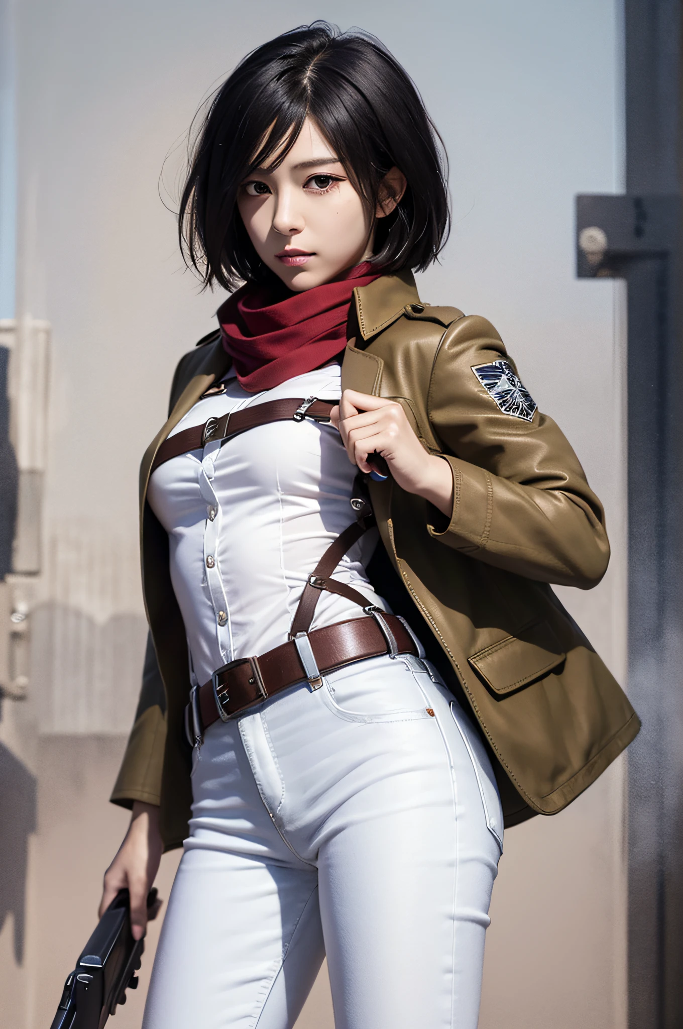 Mikasa, Masterpiece, Best quality, A high resolution, Short hair, Black eyes, Scarf, emblem, belt, thigh band, Red scarf, White pants, Brown jacket, Long sleeves, holding weapon, sword, dual wielding, Three-dimensional electric gear, Arms spread wide, standing on one leg, Wide shot, sky, Highest quality, high resolution，Bury your head in your scarf，crouching，Beds，Medieval architecture，Small space，