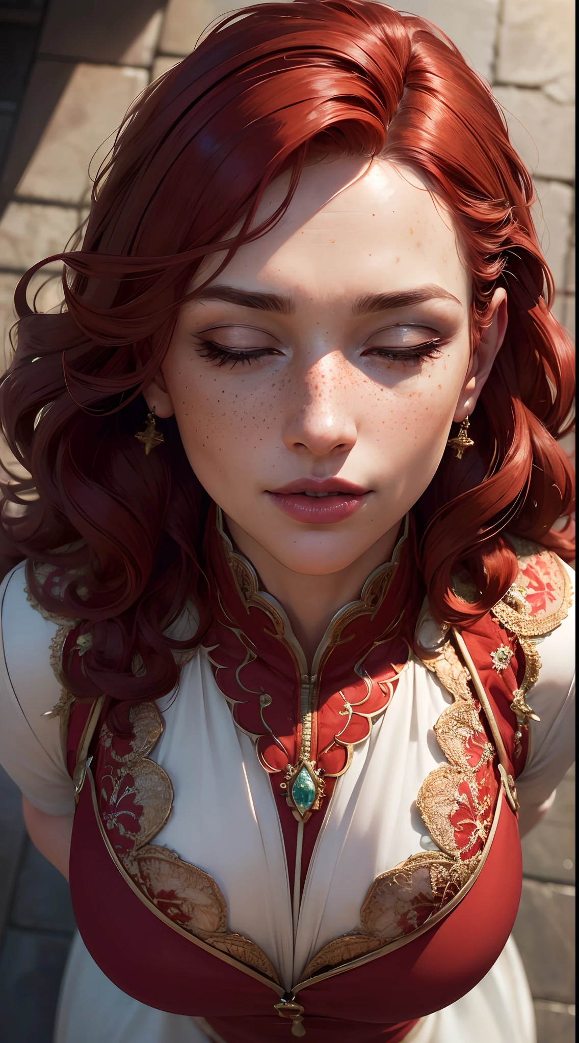 (Detailed face features:1.3), (((1mature woman))), standing wearing a long dress, (face up, top view, close-up photo, face picture:1.5), (close eyes), dynamic pose, face photo, 16k, masterpiece, best quality: 1.2), (high detailed skin), (curly red hair), ((freckles, red eyes, detailed lips)), slim, automatic white balance, (ultra realism, hyper detailed and intricate realism: 1.3), (wide depth of field, radiant mapping: 1.2), High dynamic range, vivid, rich details, clear shadows and highlights, realistic, intense, enhanced contrast, clear outdoor,