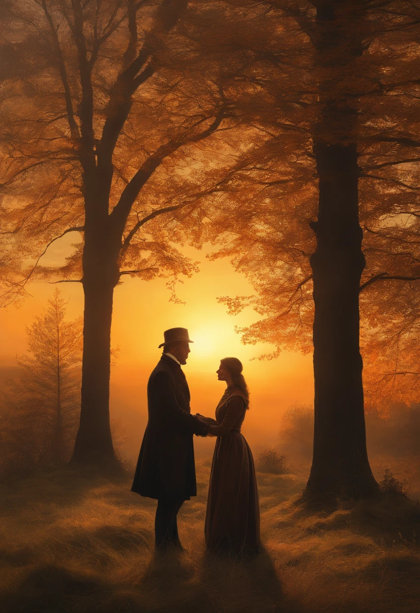 Oil Painting of a Man and a young beautiful Woman, die auf einem Feld mit einer Kirche im Hintergrund spazieren gehen, Herbstlicht, Sonne seitlich von vorn, romantisches Licht und Schatten, a painting by Caspar David Friedrich, Shutterstock, Romantik, 4 K, (Romantik Malerei), Klassizistische Malerei, Romantik Landschaftsmalerei, caspar david friedrich, caspar friedrich, dunkel, david friedrich, atmospheric scene, Karl Friedrich Schinkel