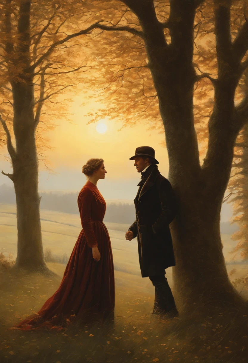 Oil Painting of a Man and a young beautiful Woman, die auf einem Feld mit einer Kirche im Hintergrund spazieren gehen, Herbstlicht, Sonne seitlich von vorn, romantisches Licht und Schatten, a painting by Caspar David Friedrich, Shutterstock, Romantik, 4 K, (Romantik Malerei), Klassizistische Malerei, Romantik Landschaftsmalerei, caspar david friedrich, caspar friedrich, dunkel, david friedrich, atmospheric scene, Karl Friedrich Schinkel