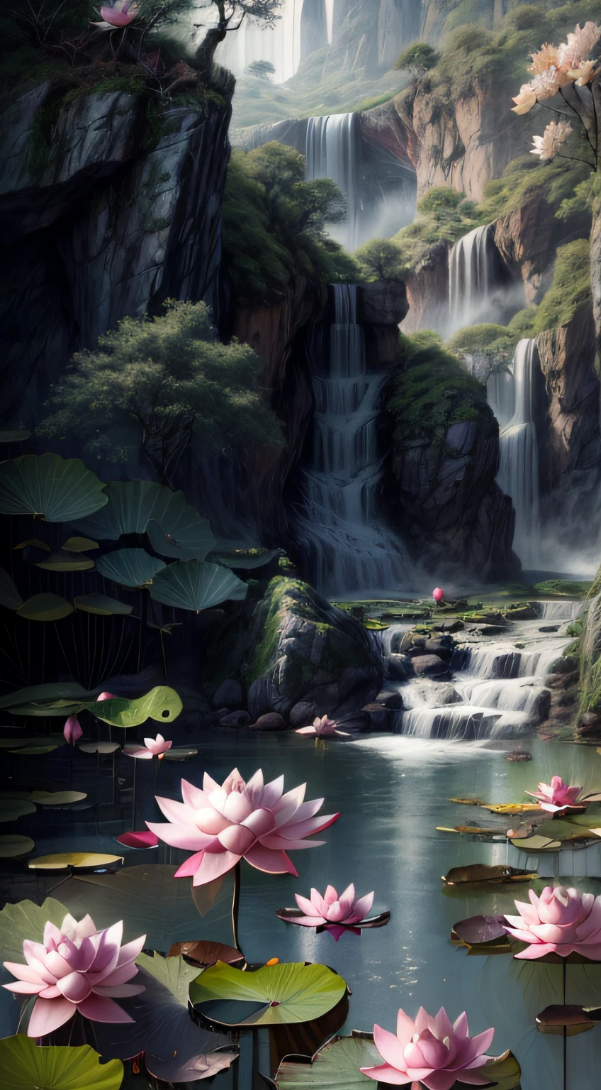 Chinese Ancient Times,Summer, Lake, (lotus flower:1.5),(Delicate and beautiful,Polished:1.3)Cave, waterfallr, tree, louka, Rock music, deers, hot onsen, vapour, (illustration: 1.0), Epic composition, Realistic lighting, HD details, Masterpiece, Best quality, (Very detailed CG unified 8k wallpaper)
