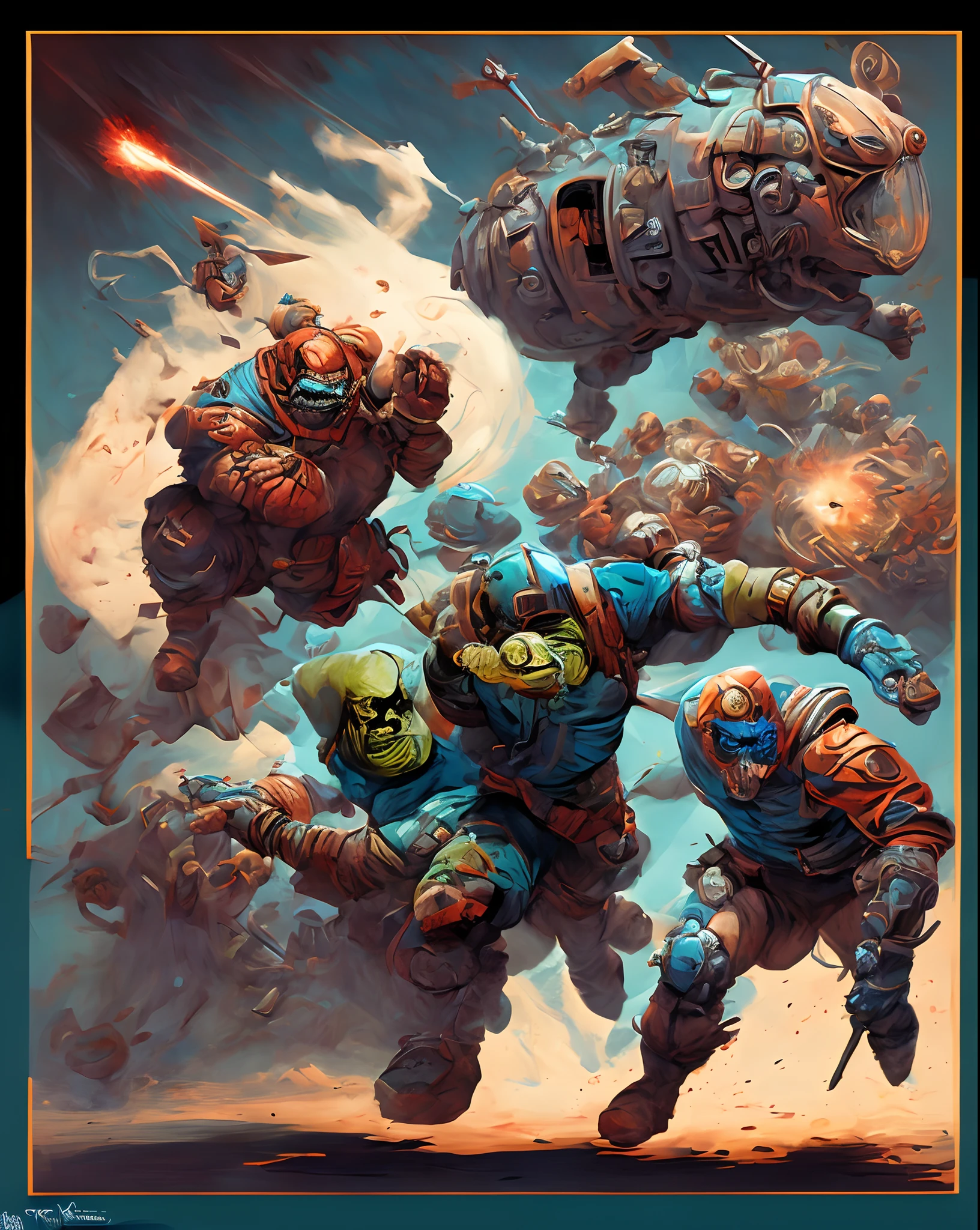 Hero and heroine in action. Art style Pascal Blanché, arte como Duna, seres fantasticos realismo 16k, maquinas futuristas retro.