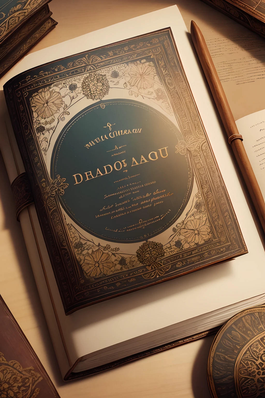 An old book with delicately decorated cover, adorned with floral motifs, closed, and with the inscription on the title "Livro das Frases da Cru". The book is illuminated with indirect lighting, creating a mysterious atmosphere. The book is made of a vintage material, resembling aged leather, and has a weathered appearance. The cover is intricately embossed with floral patterns, giving it a sense of elegance and sophistication. The lighting casts shadows on the edges of the book, enhancing its antique charm. The title inscription "Livro das Frases da Cru" is in a distinct font, creating an air of mystery and intrigue. The overall color tone is warm and inviting, with a hint of nostalgia.