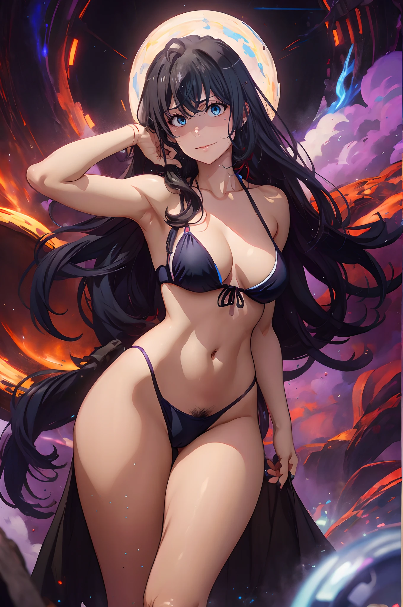 (long hair, black hair:1.6), blue eyes, 1girl, breasts, navel, looking_at_viewer, solo, large_breasts, armpits, thighs, collarbone, bare_shoulders, tentacles, purple_bikini, cleavage, glow effects, godrays, Hand drawn, render, 8k, octane render, cinema 4d, blender, dark, atmospheric 4k ultra detailed, cinematic, Sharp focus, big depth of field, Masterpiece, colors, 3d octane render, 4k, concept art, trending on artstation, hyperrealistic, Vivid colors, extremely detailed CG unity 8k wallpaper, trending on CGSociety, Intricate, High Detail, dramatic, glowing eye, (heavy breathing:1.5), (pubic hair peek:1.4)