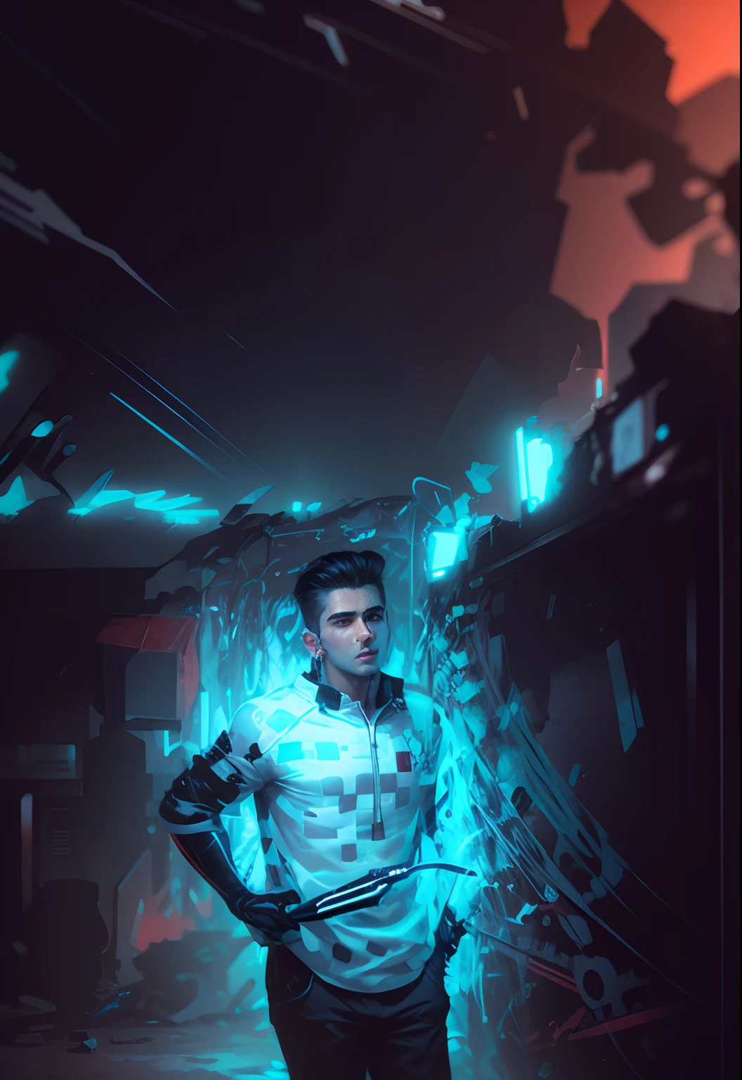 Change background cyberpunk handsome boy, realistic face, 8k, ultra realistic, cat,
