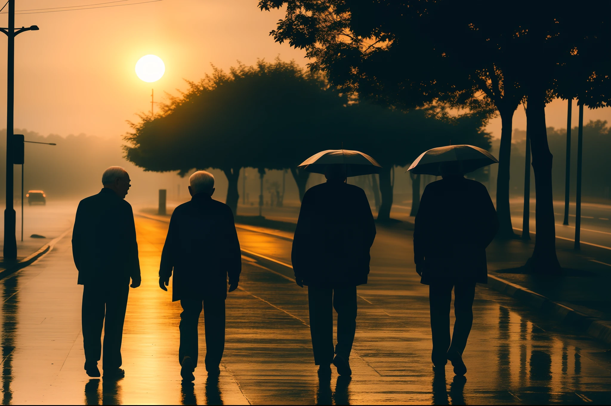 Two old man walking on the street, sunset, rain